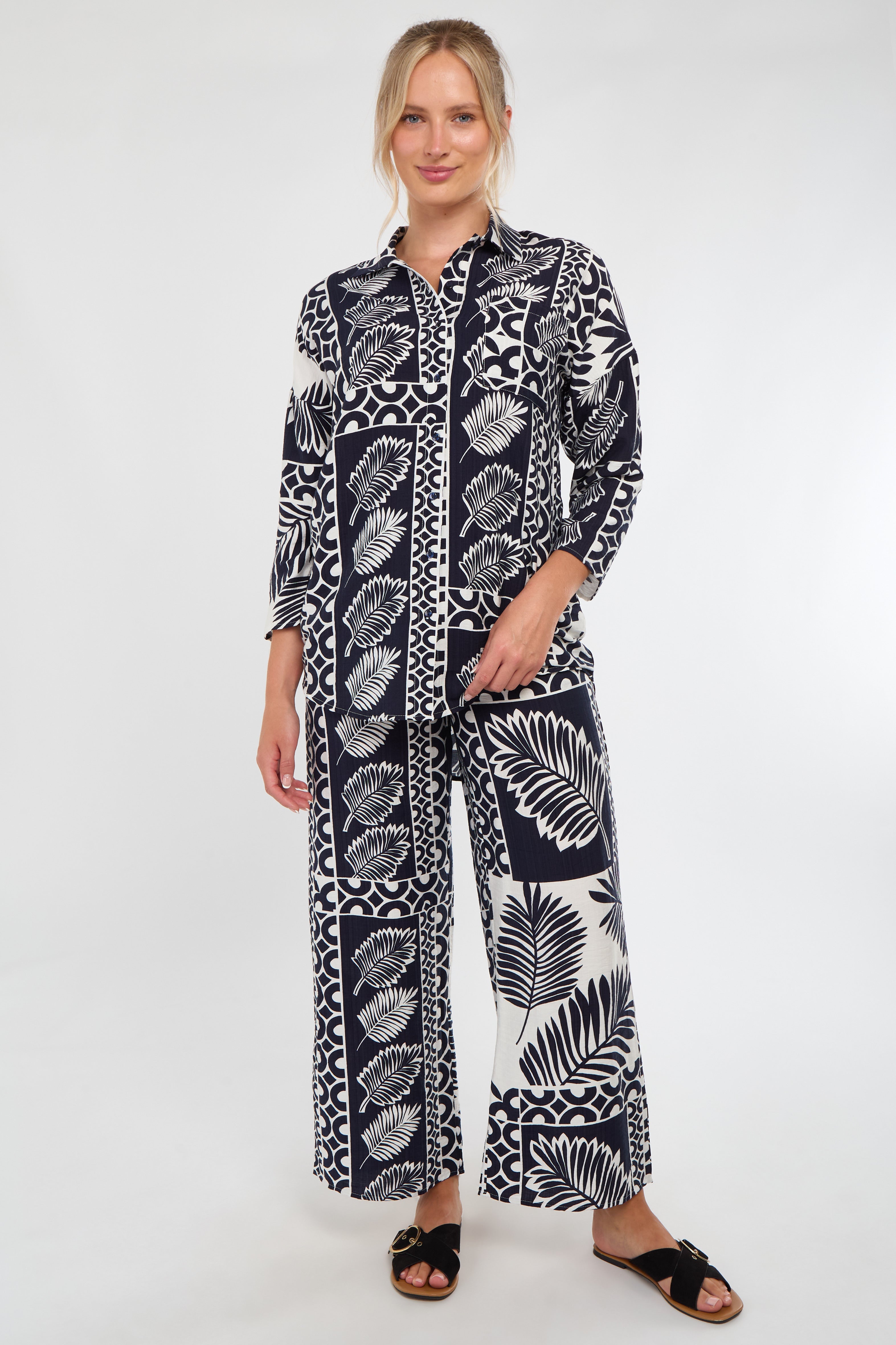 6Pcs Navy and White Tropical Patch Print Co-Ord Set