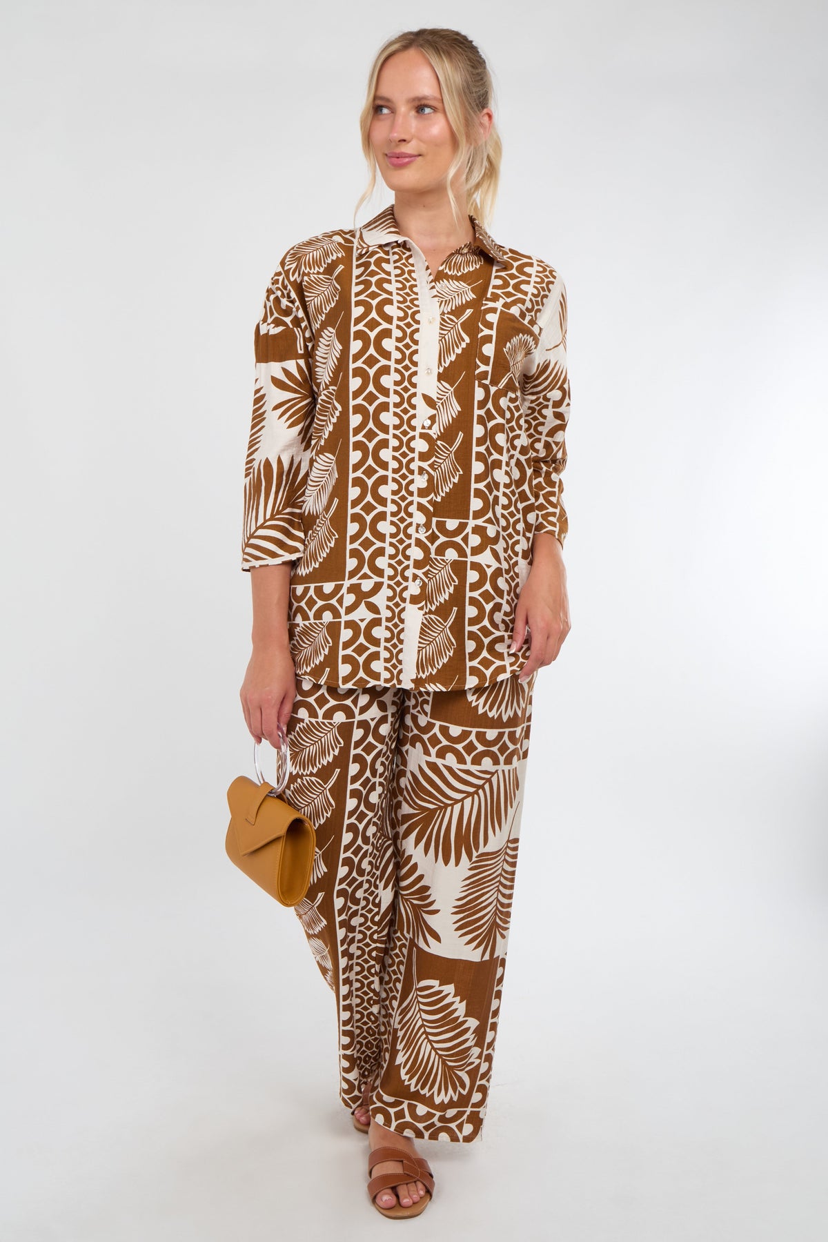 6Pcs Tan and Cream Tropical Patch Print Co-Ord Set
