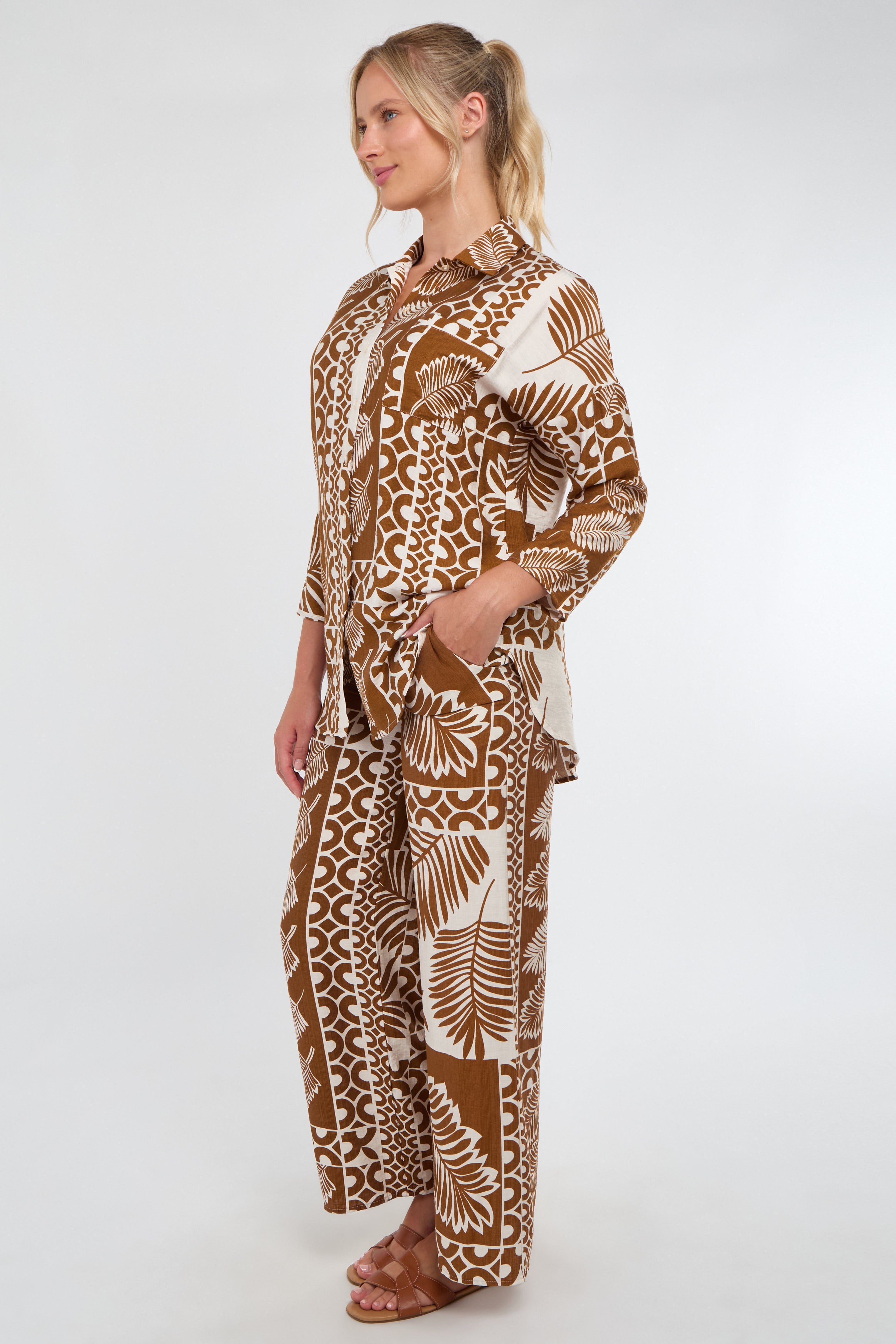 6Pcs Tan and Cream Tropical Patch Print Co-Ord Set