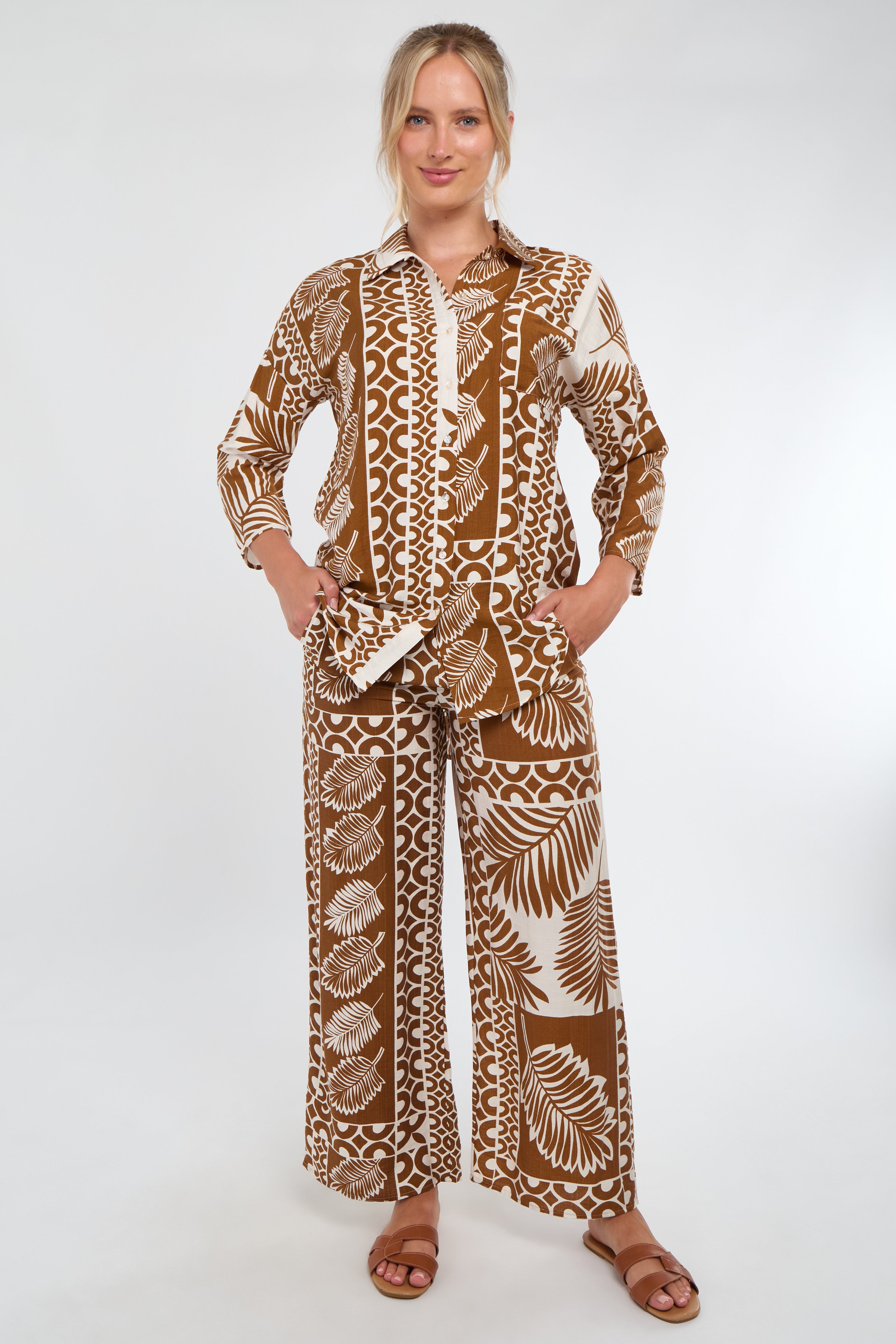 6Pcs Tan and Cream Tropical Patch Print Co-Ord Set