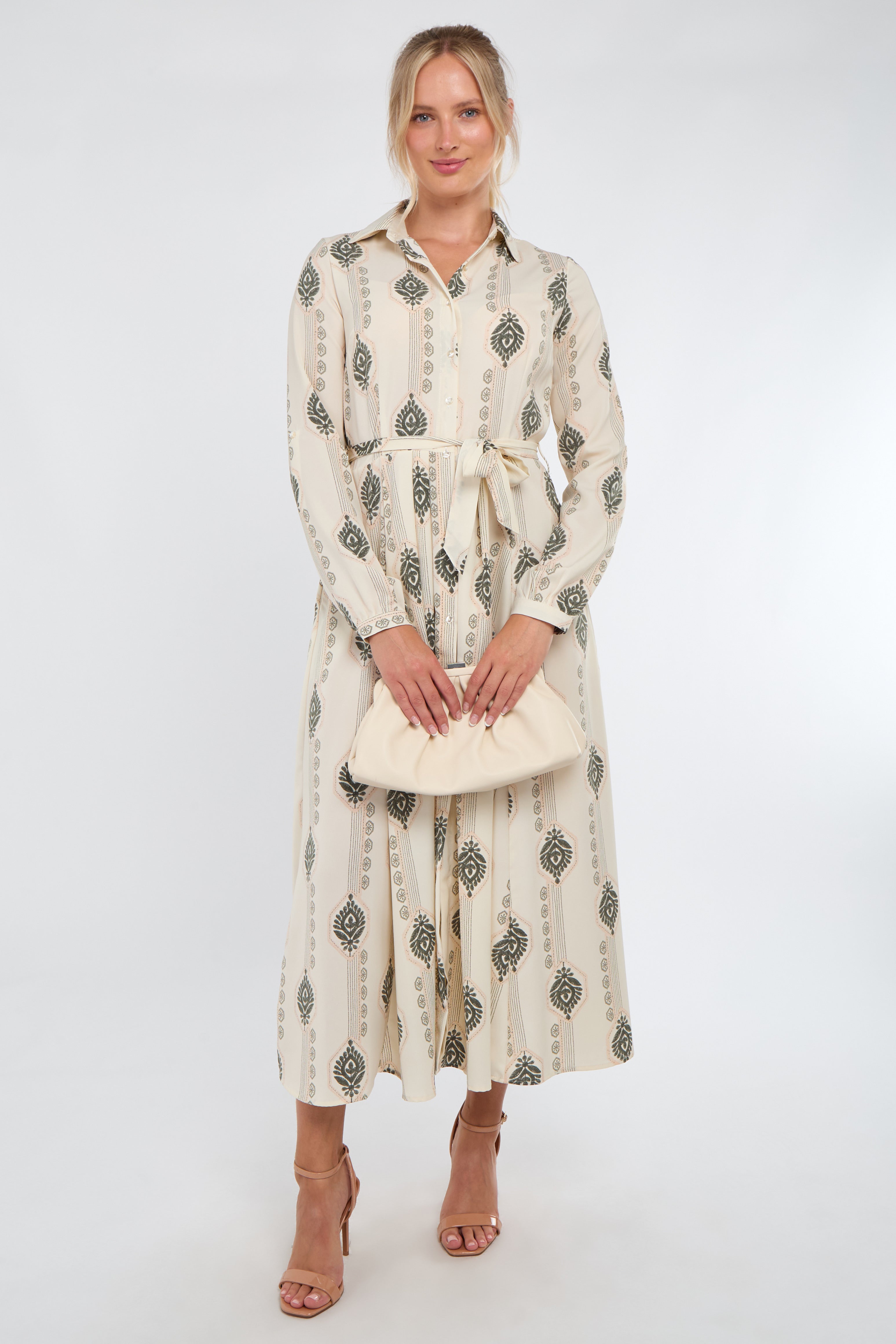 8Pcs Cream and Olive Boho Print Maxi Shirt Dress