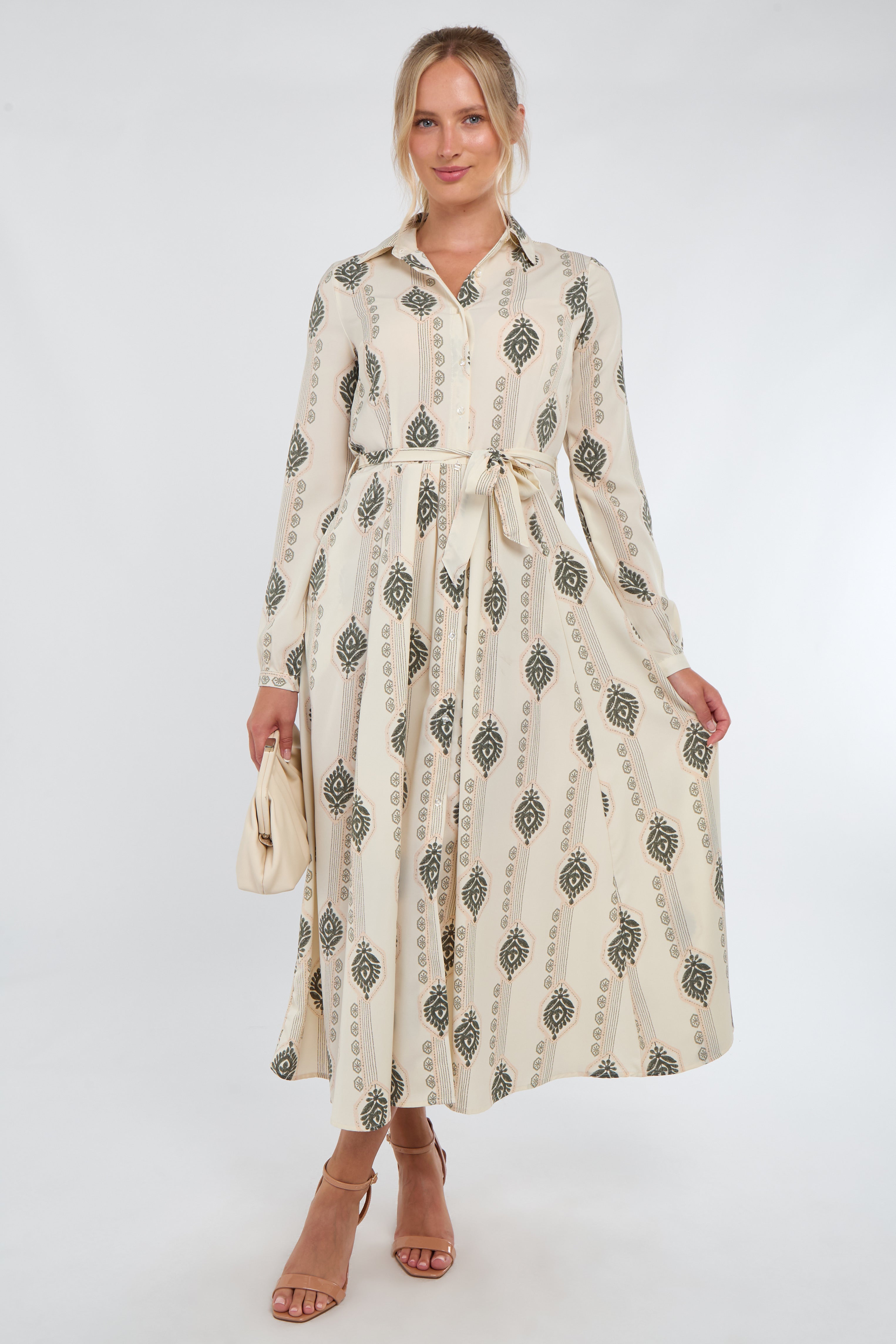 8Pcs Cream and Olive Boho Print Maxi Shirt Dress