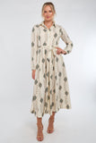 8Pcs Cream and Olive Boho Print Maxi Shirt Dress