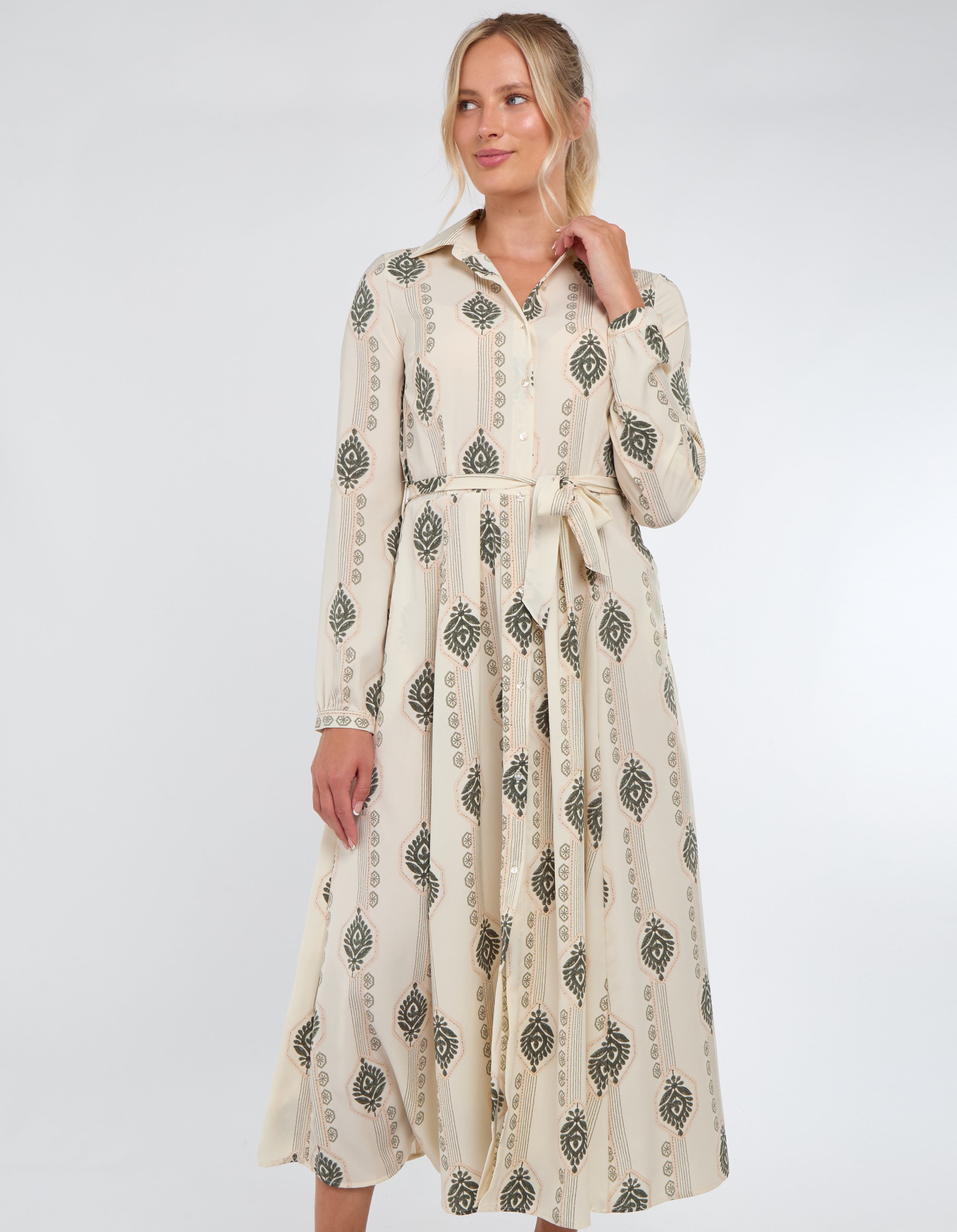 8Pcs Cream and Olive Boho Print Maxi Shirt Dress