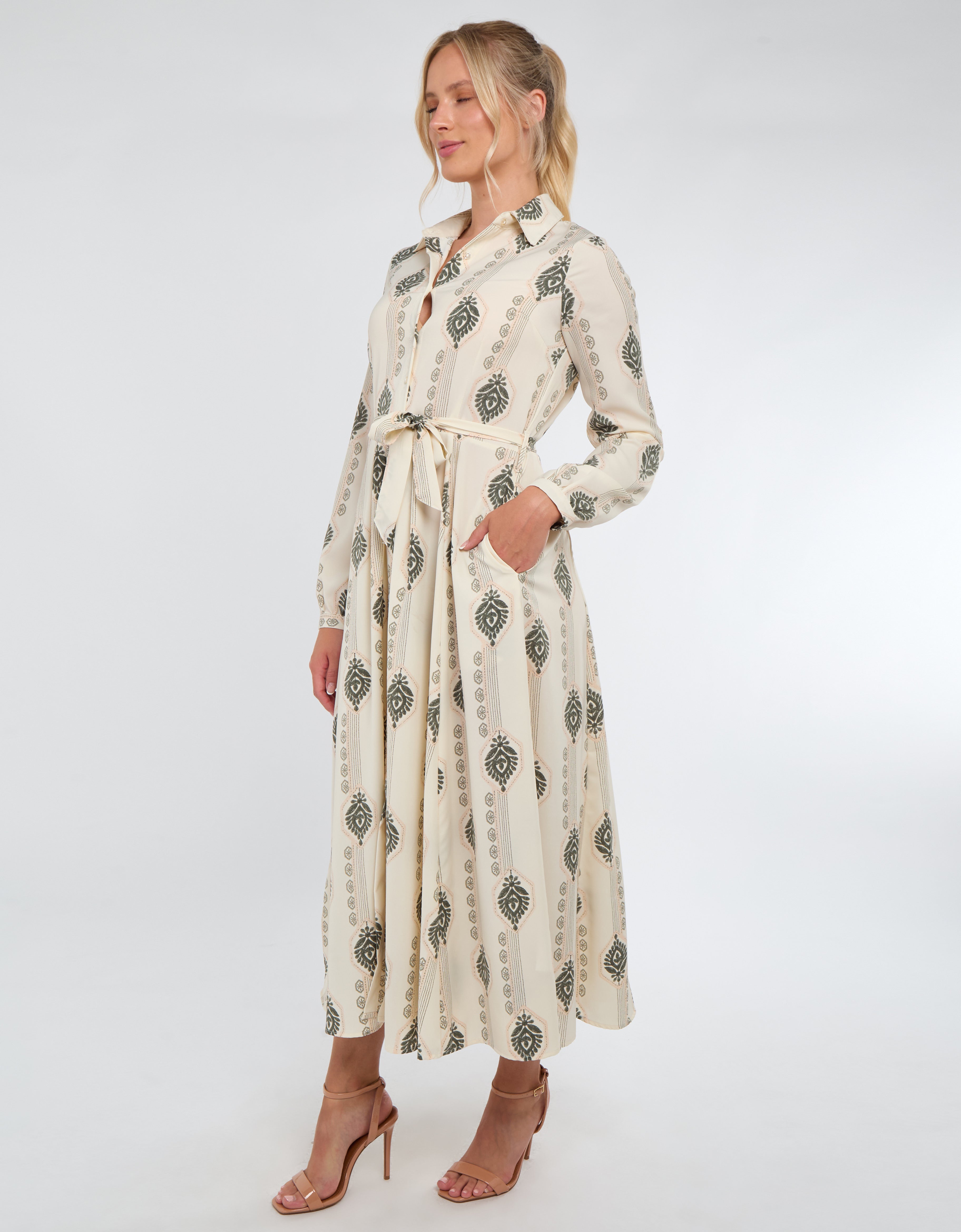 8Pcs Cream and Olive Boho Print Maxi Shirt Dress