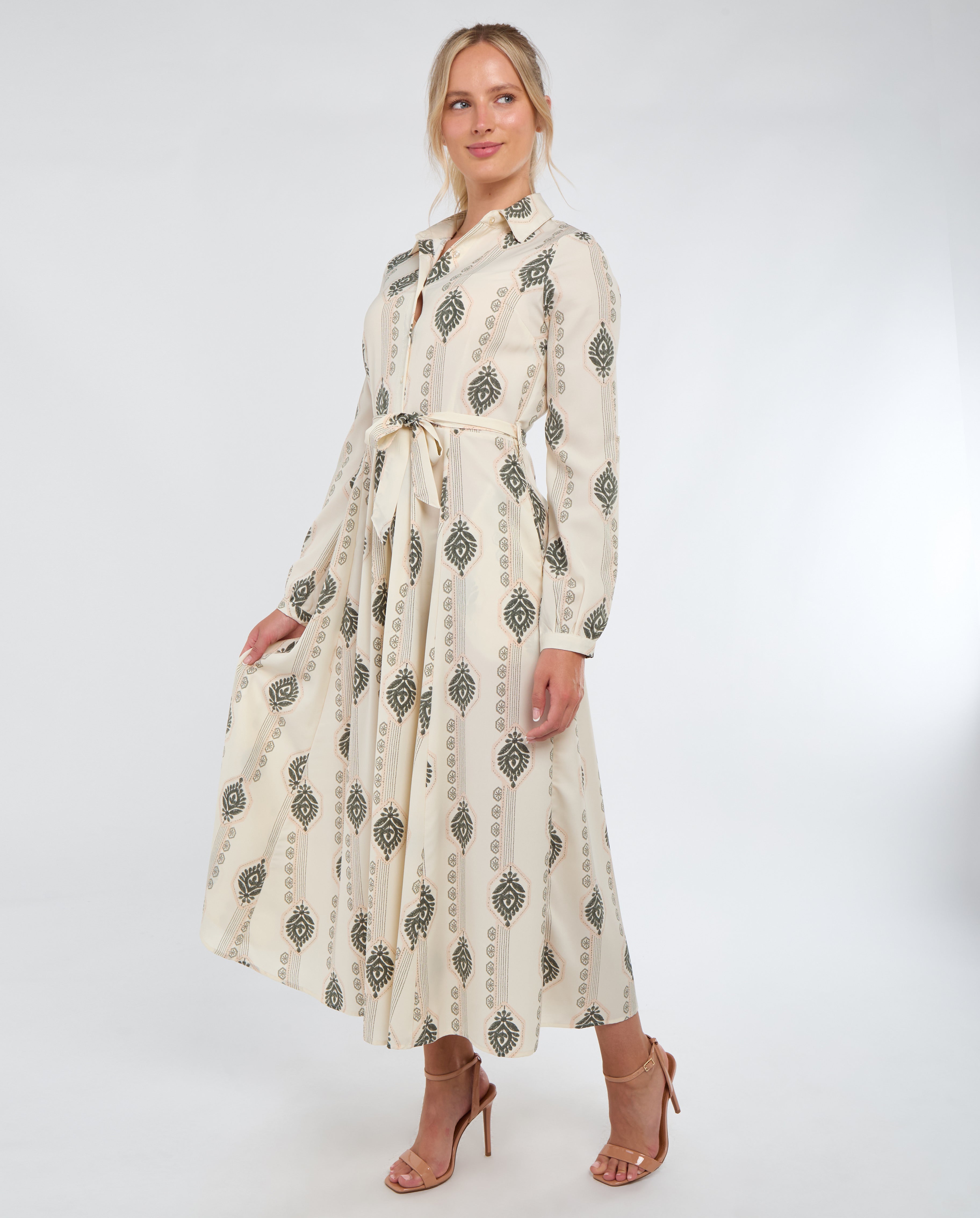 8Pcs Cream and Olive Boho Print Maxi Shirt Dress