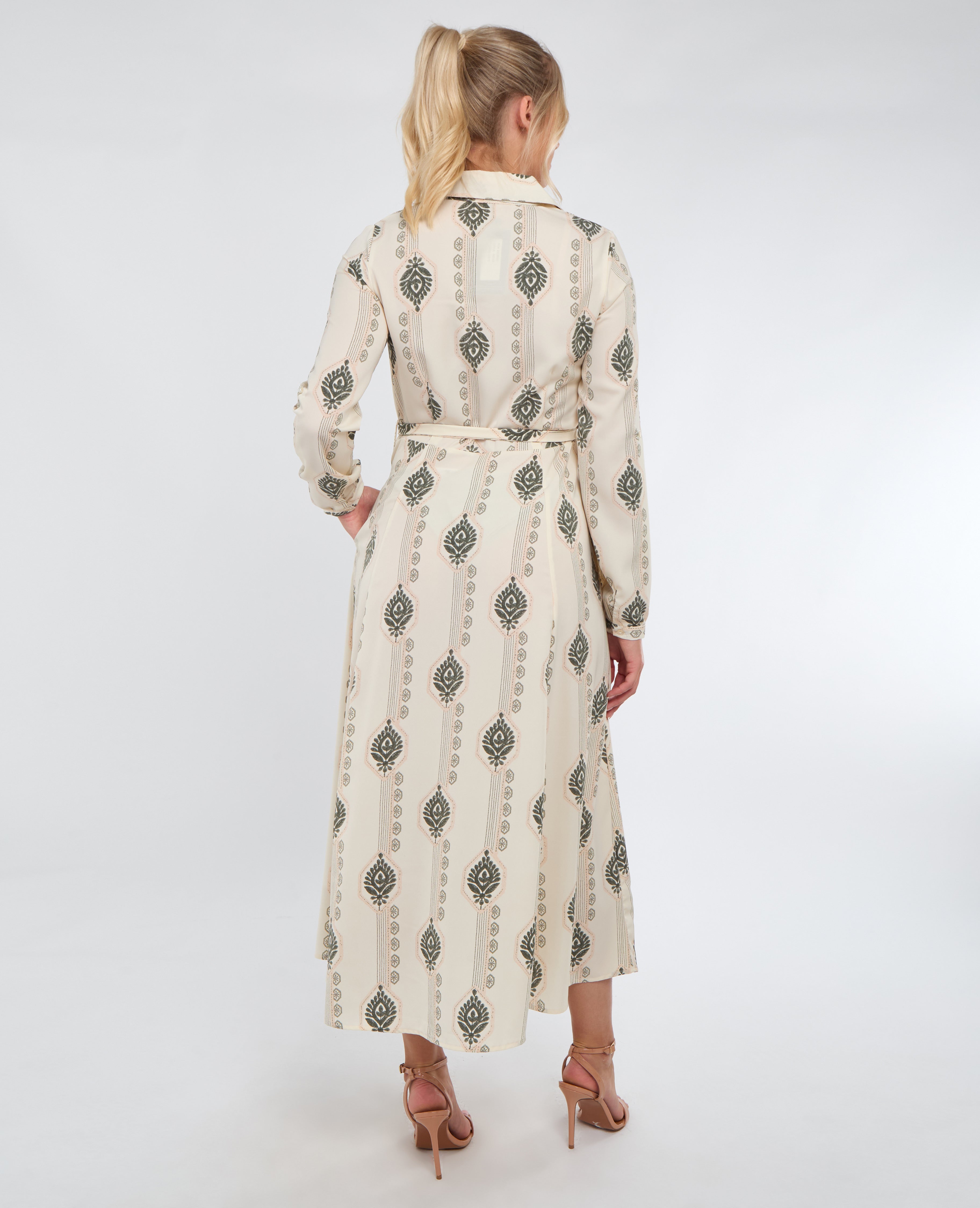 8Pcs Cream and Olive Boho Print Maxi Shirt Dress