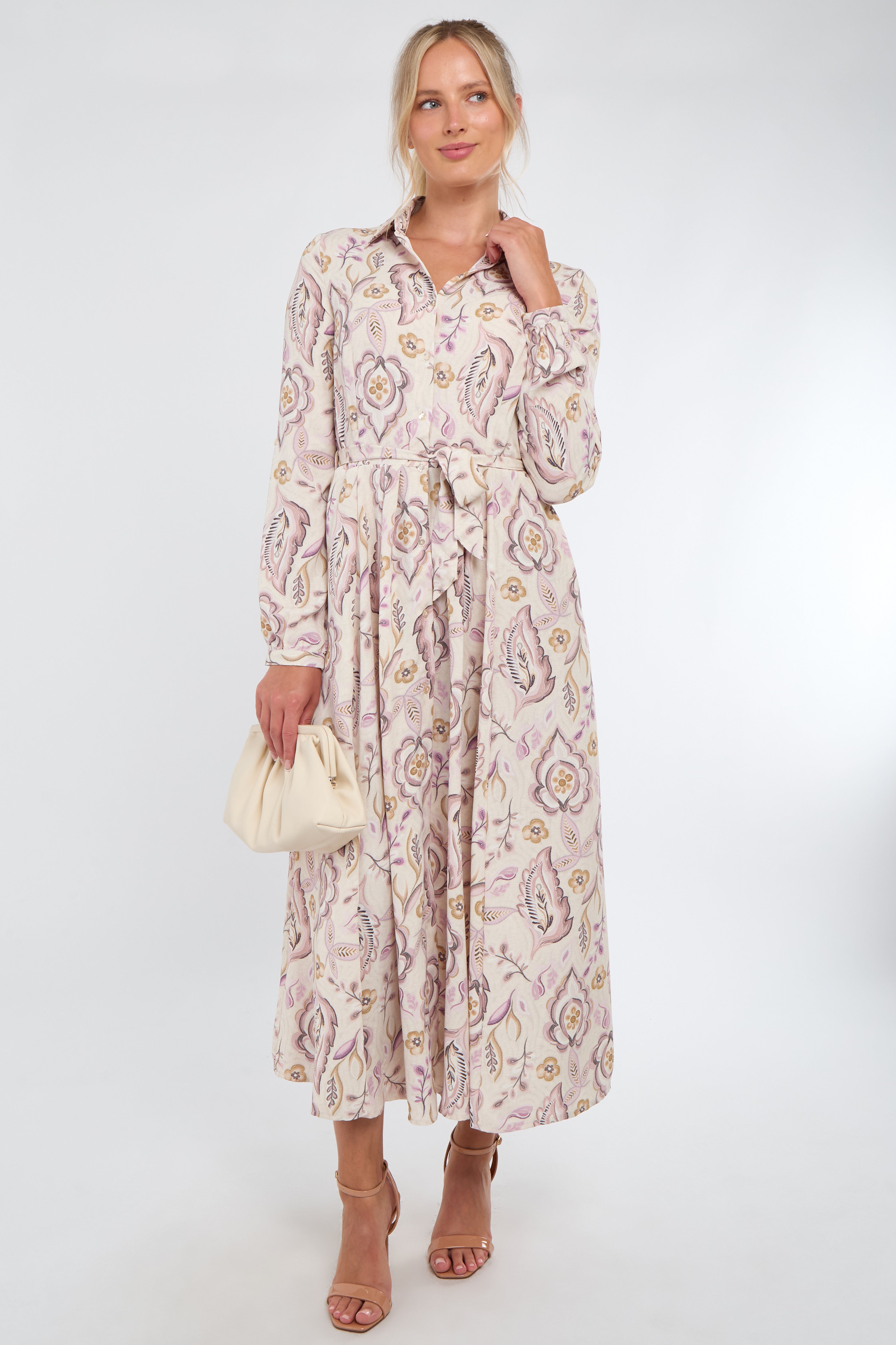 8Pcs Cream and Blush Vintage Floral Print Maxi Shirt Dress