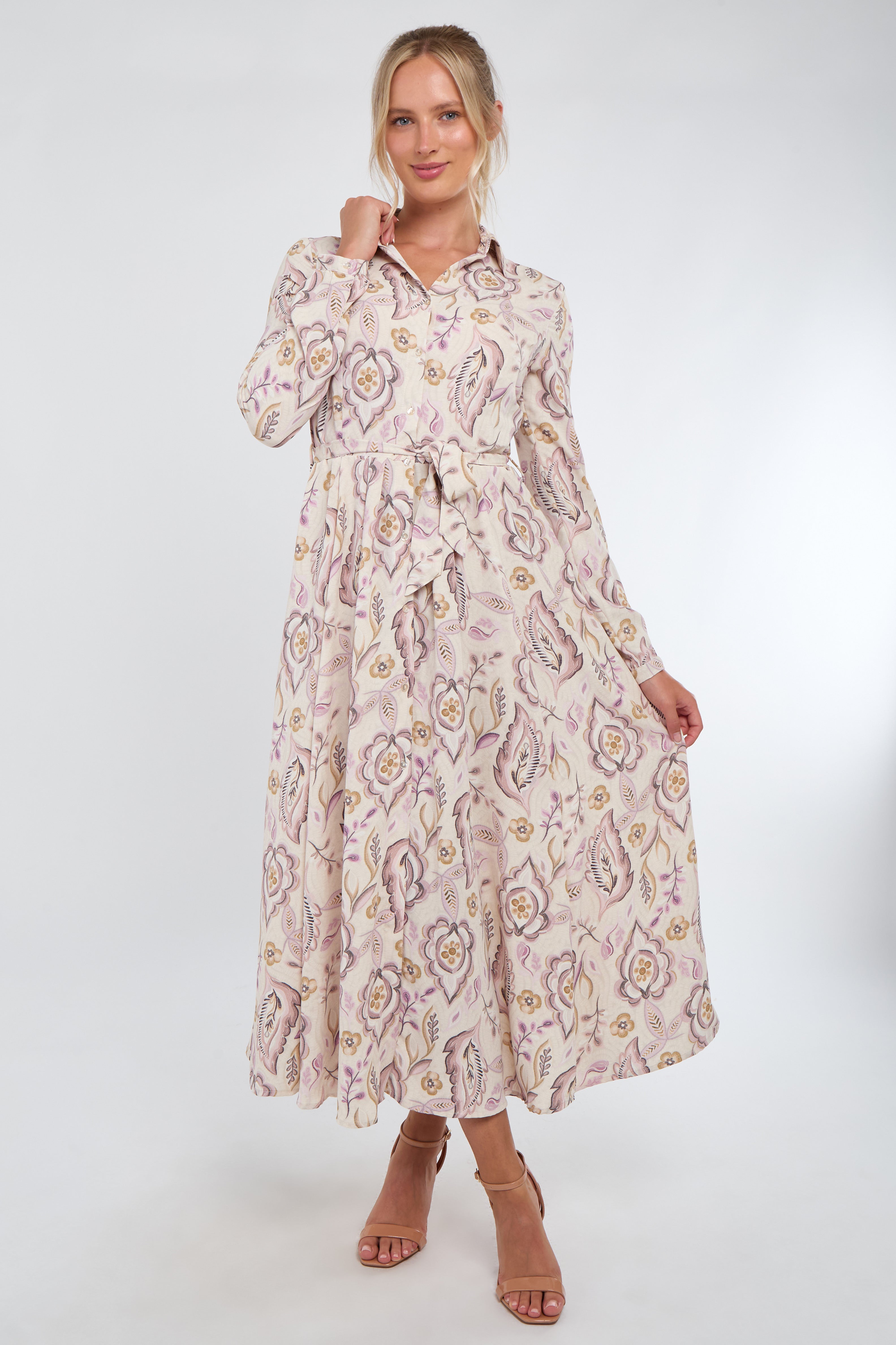 8Pcs Cream and Blush Vintage Floral Print Maxi Shirt Dress