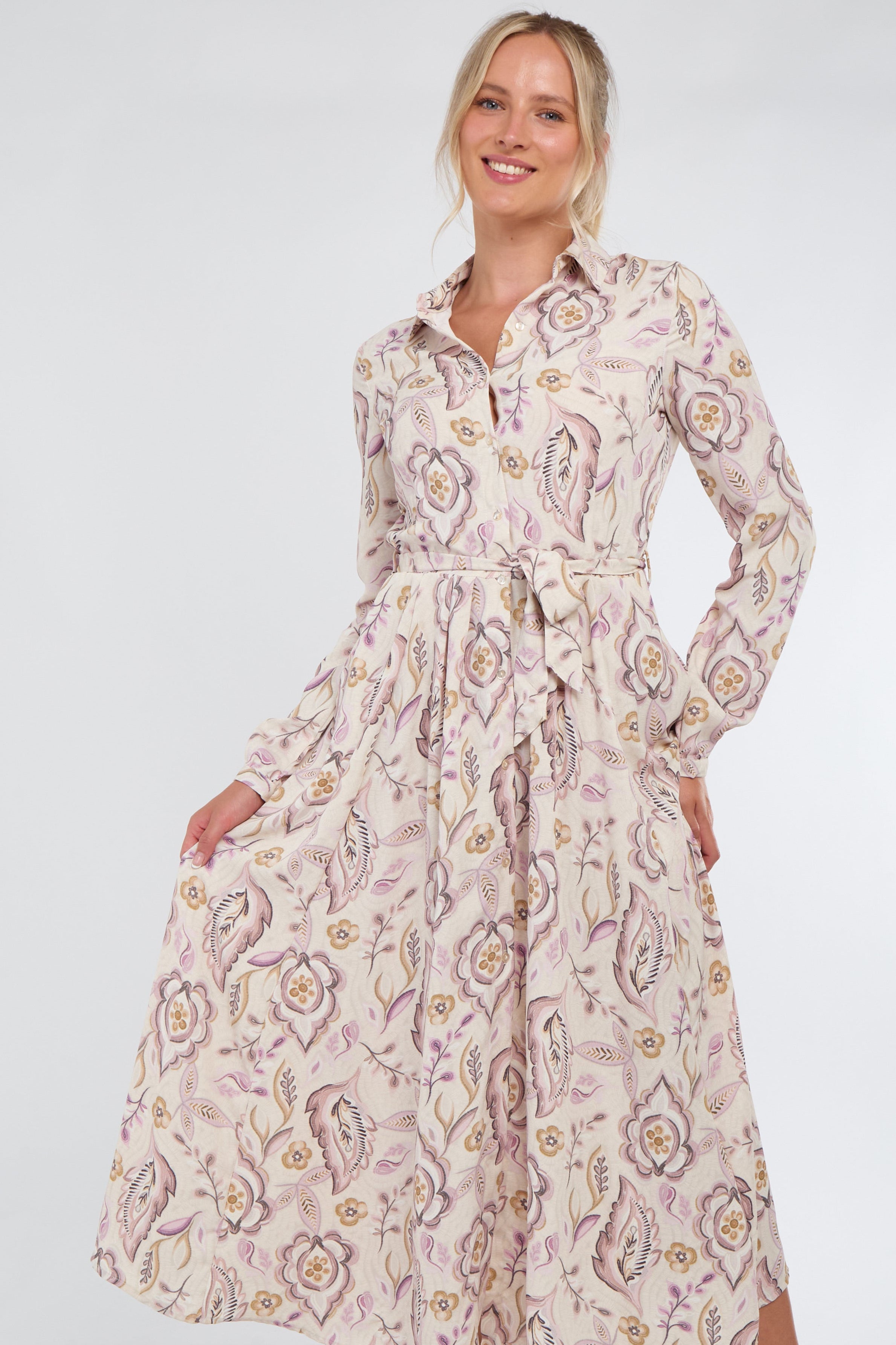 8Pcs Cream and Blush Vintage Floral Print Maxi Shirt Dress