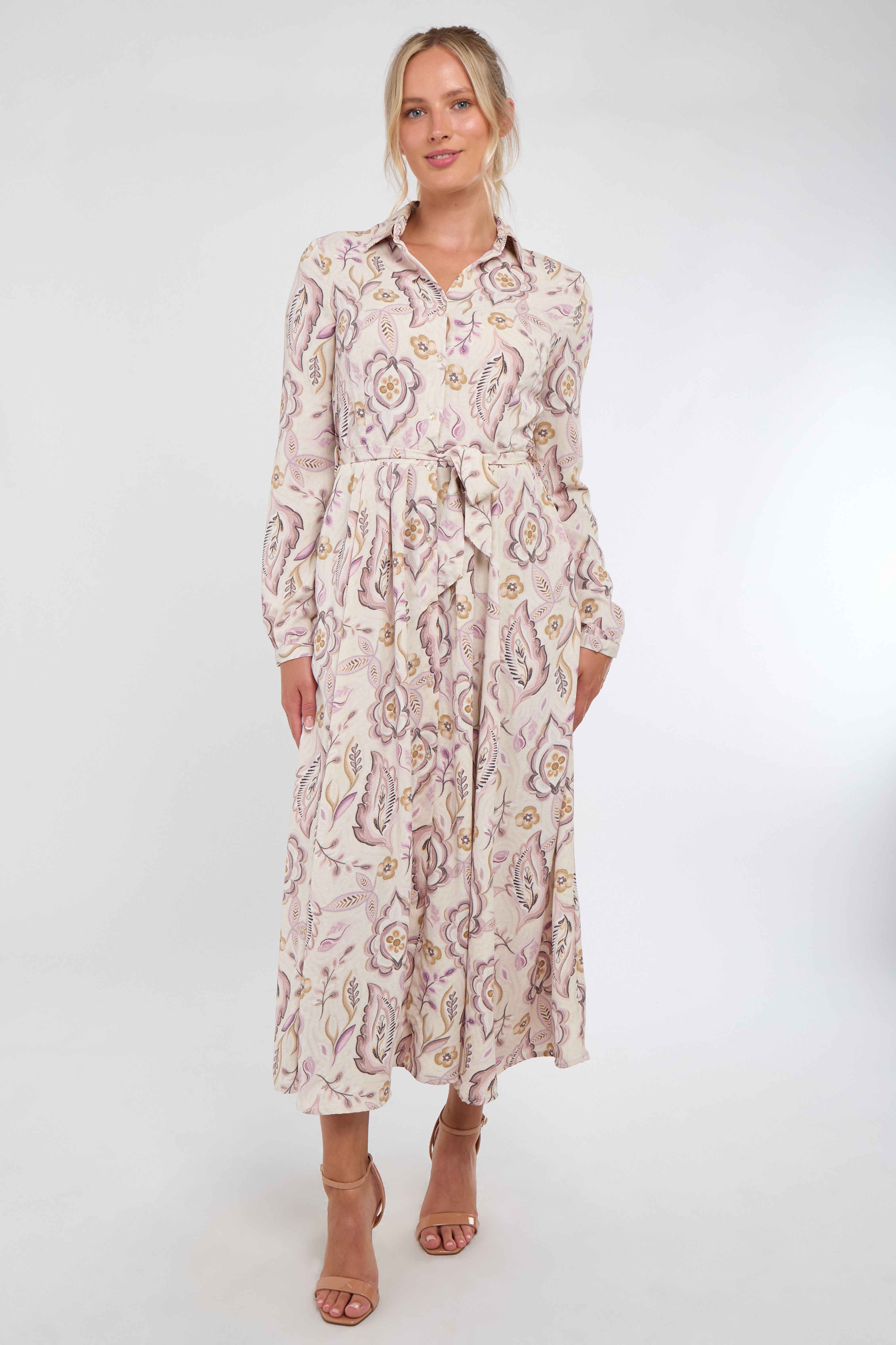 8Pcs Cream and Blush Vintage Floral Print Maxi Shirt Dress
