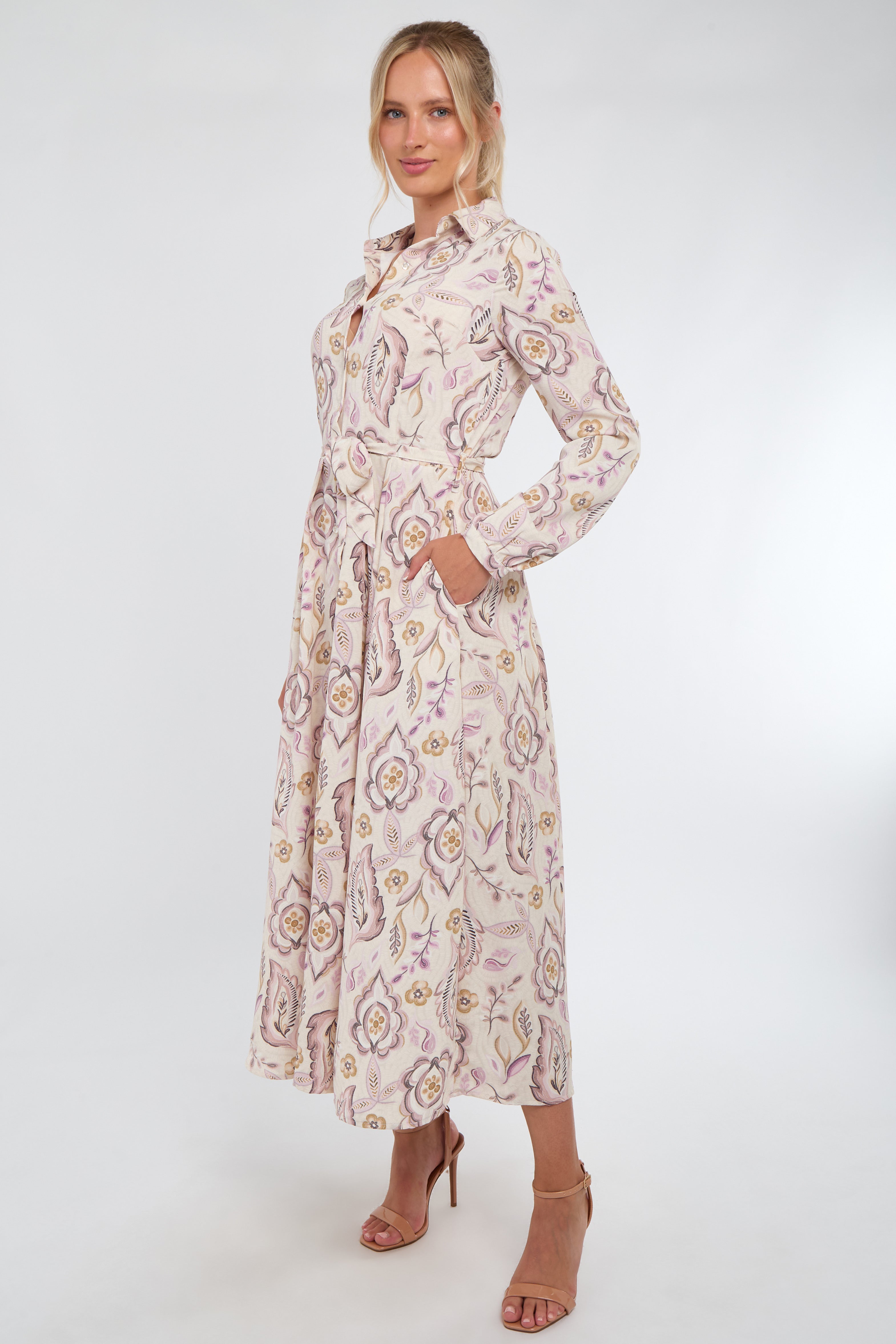 8Pcs Cream and Blush Vintage Floral Print Maxi Shirt Dress