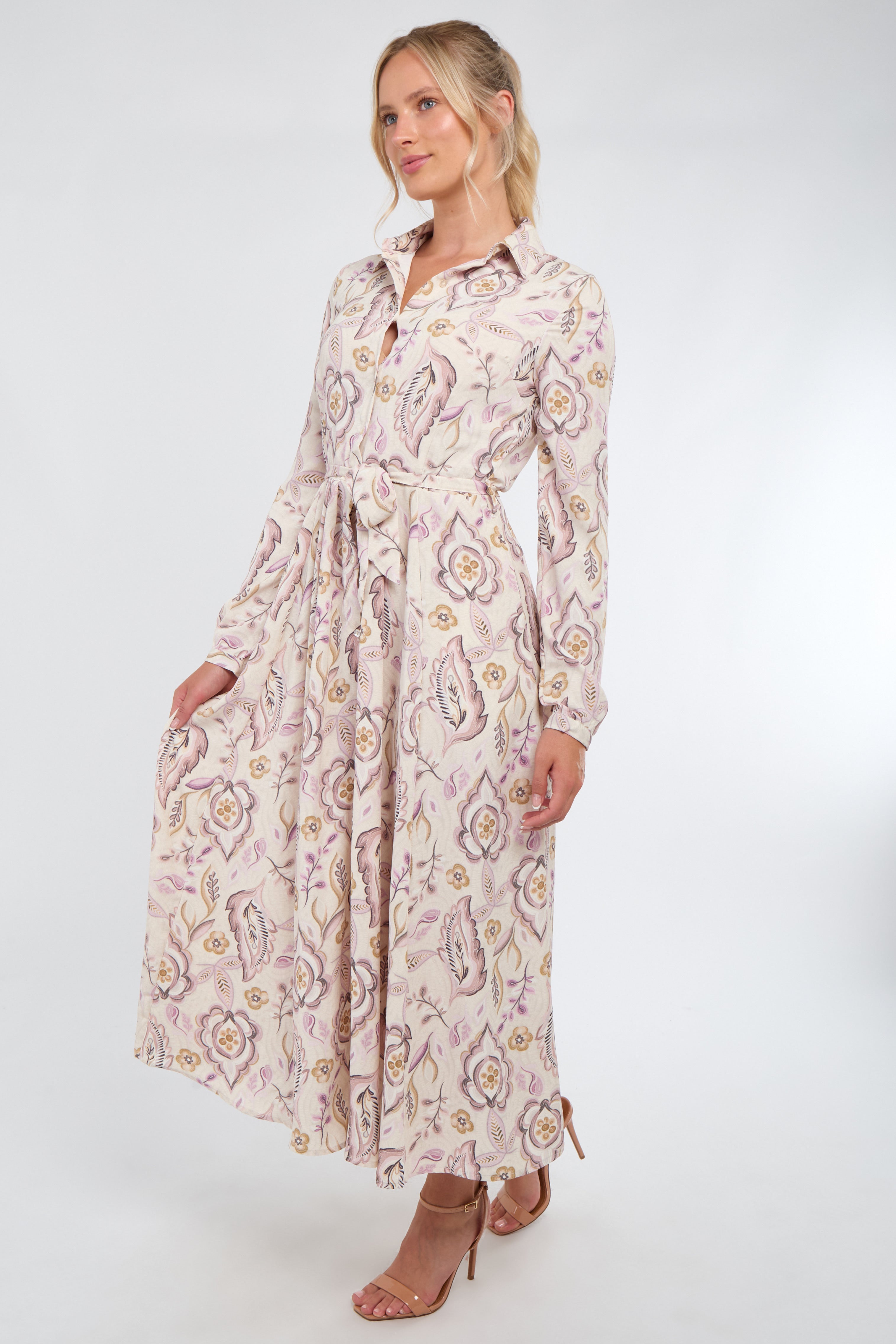 8Pcs Cream and Blush Vintage Floral Print Maxi Shirt Dress