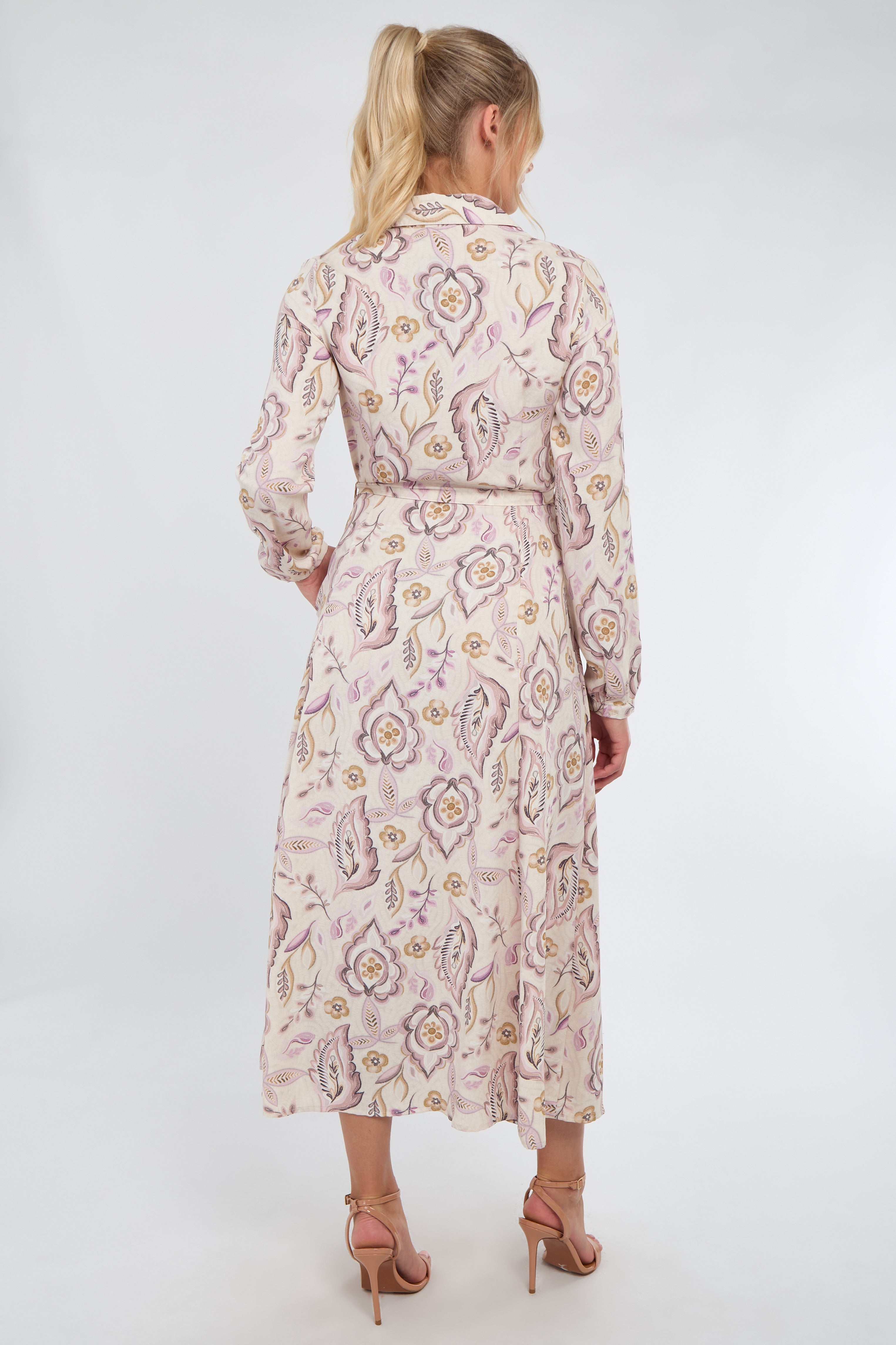 8Pcs Cream and Blush Vintage Floral Print Maxi Shirt Dress