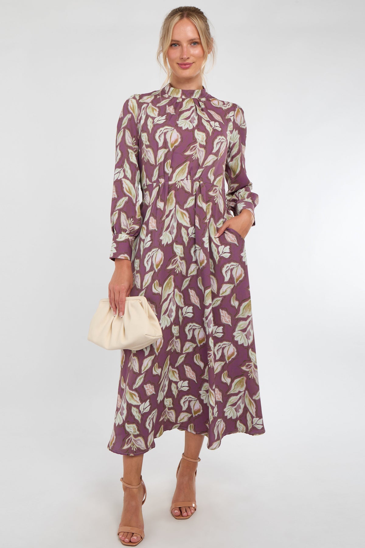 6Pcs Dusky Purple Leaf Print Pleated Skirt Maxi Dress