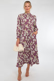 6Pcs Dusky Purple Leaf Print Pleated Skirt Maxi Dress