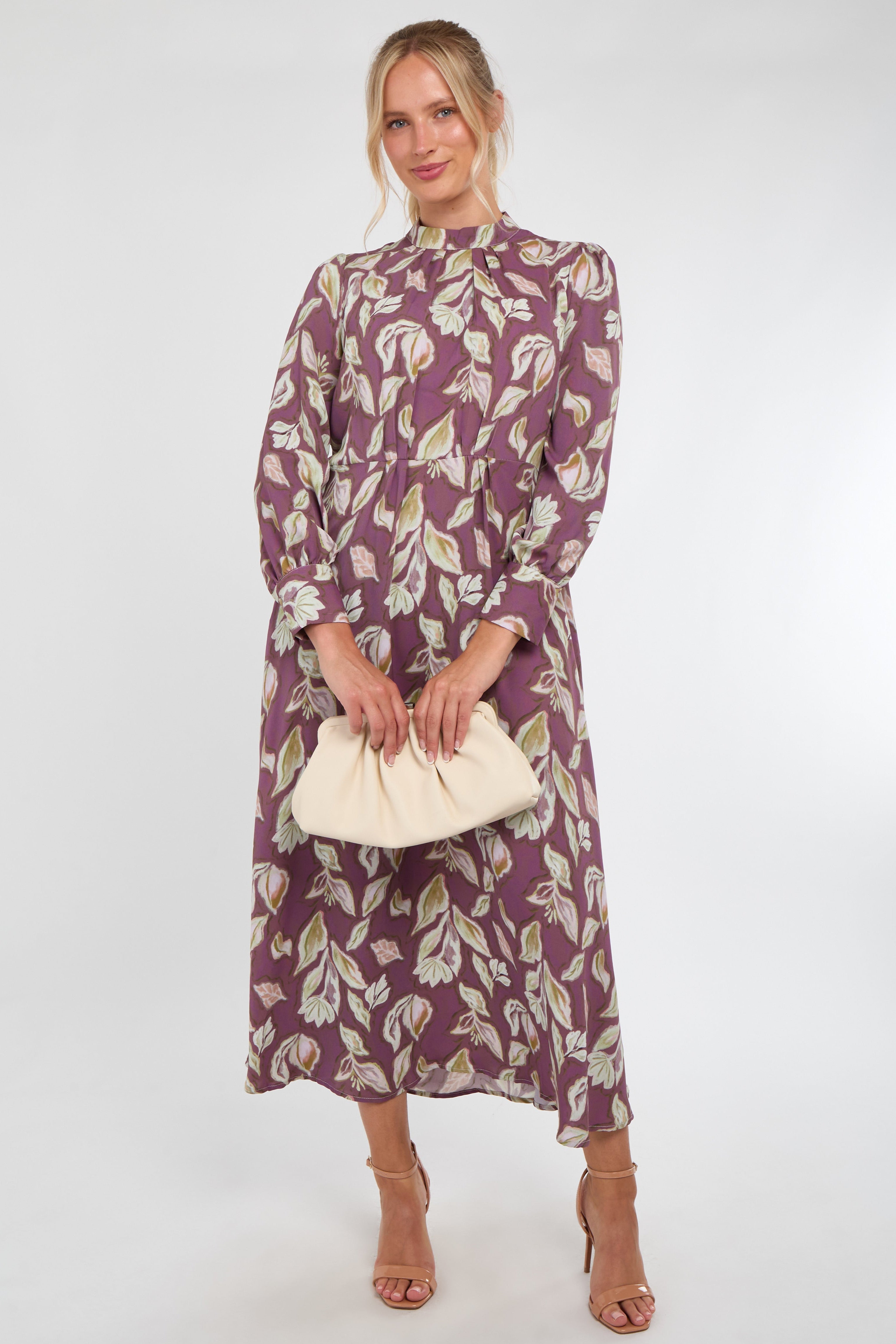 6Pcs Dusky Purple Leaf Print Pleated Skirt Maxi Dress