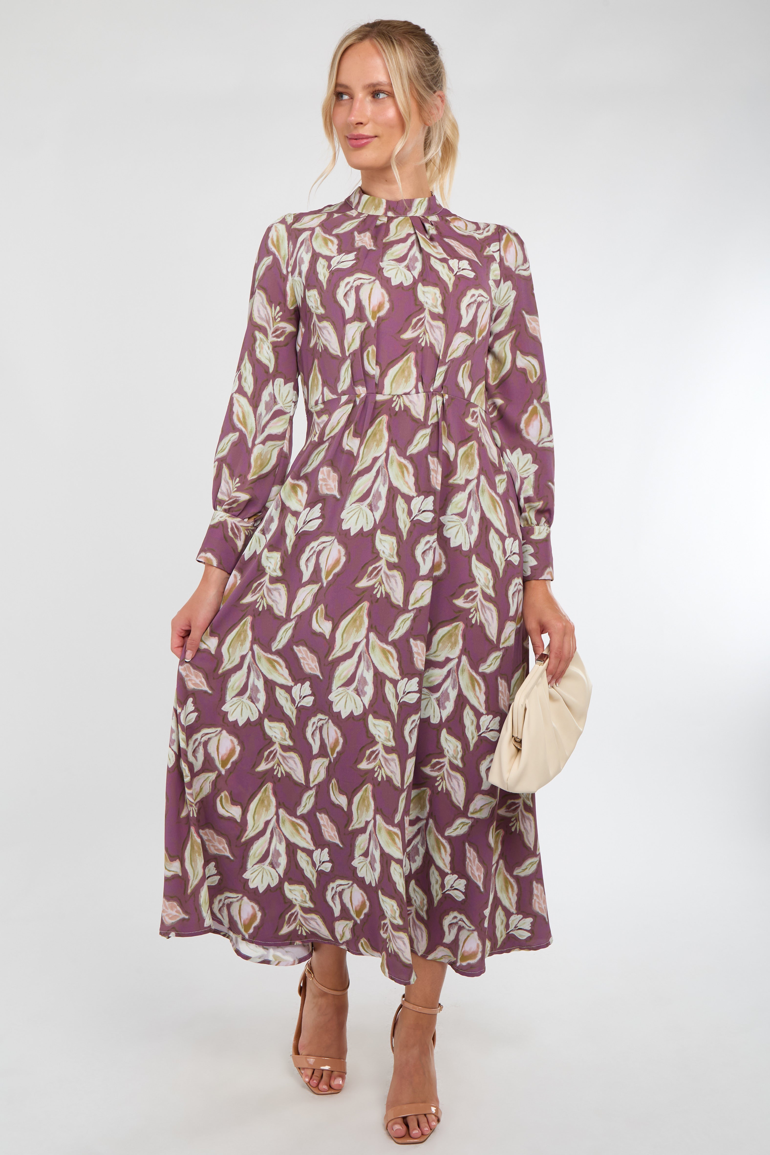 6Pcs Dusky Purple Leaf Print Pleated Skirt Maxi Dress