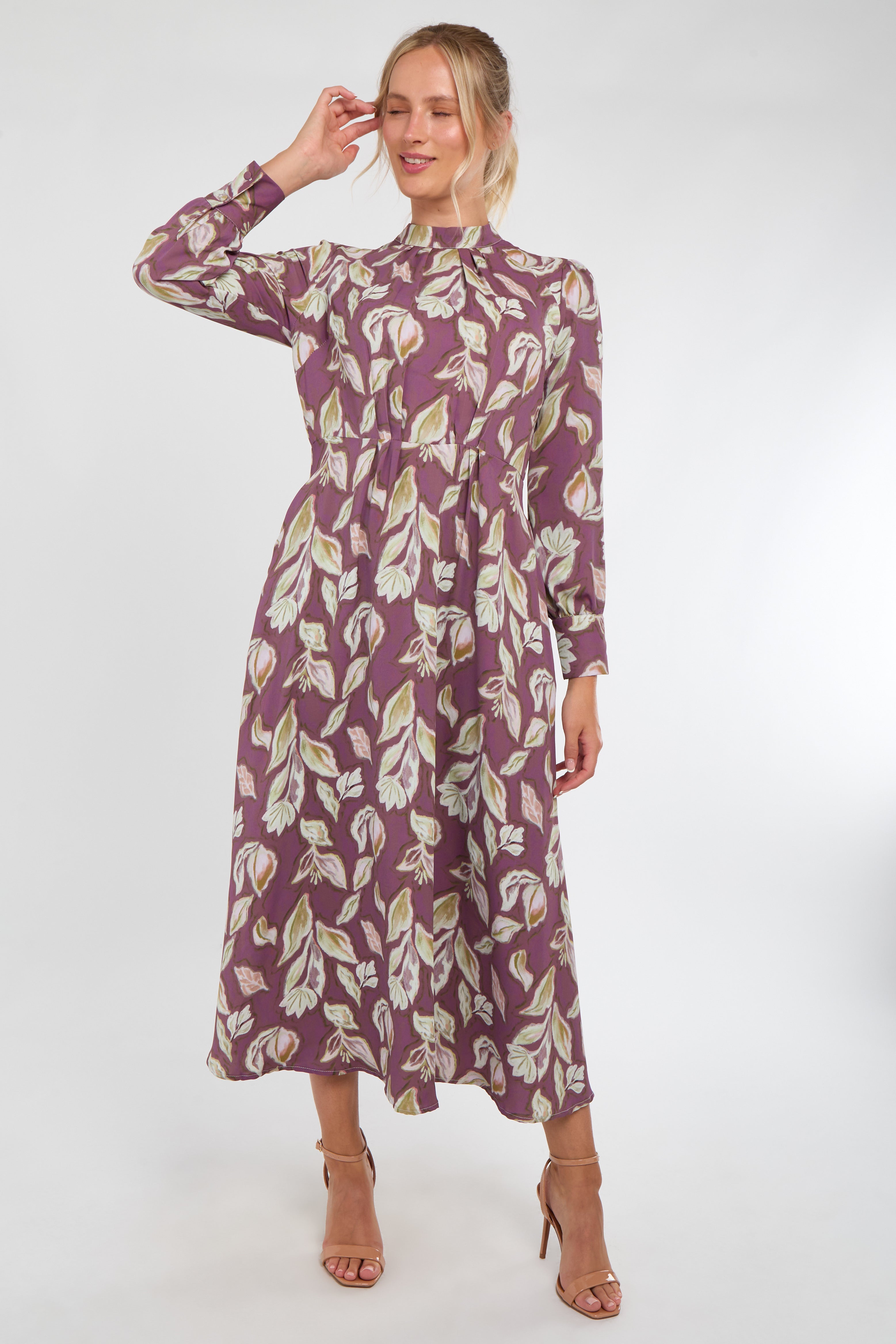 6Pcs Dusky Purple Leaf Print Pleated Skirt Maxi Dress