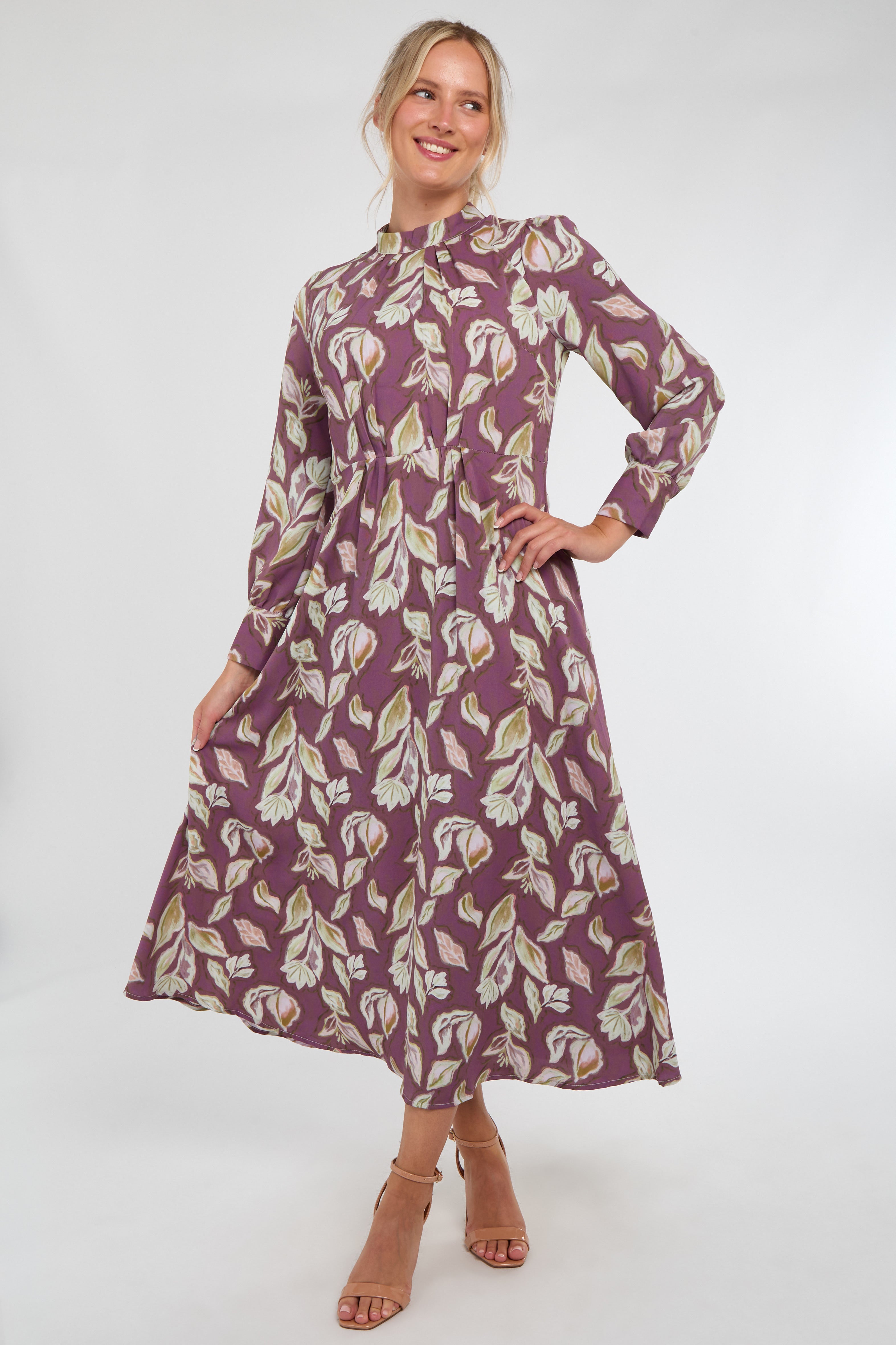 6Pcs Dusky Purple Leaf Print Pleated Skirt Maxi Dress