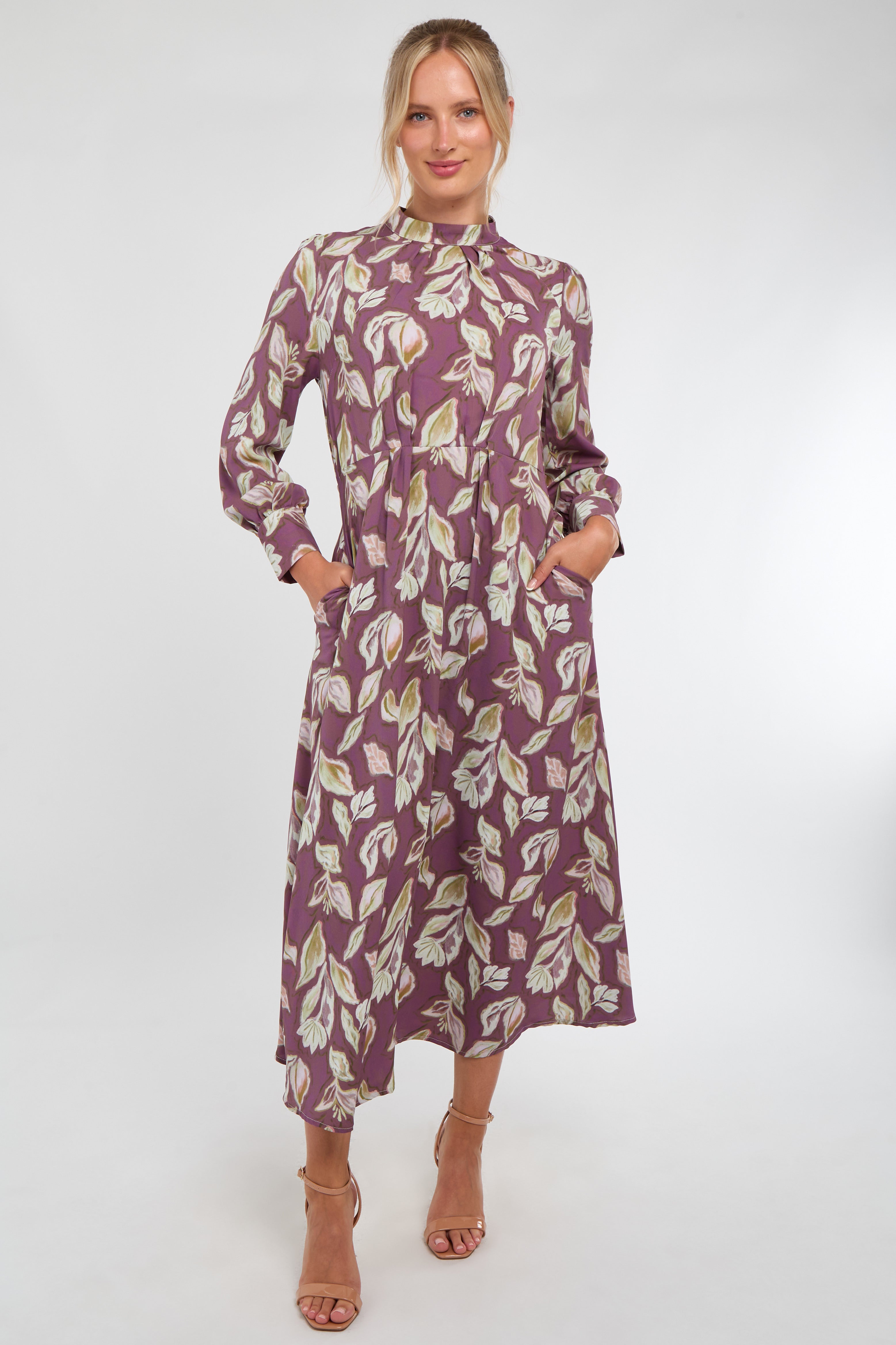 6Pcs Dusky Purple Leaf Print Pleated Skirt Maxi Dress