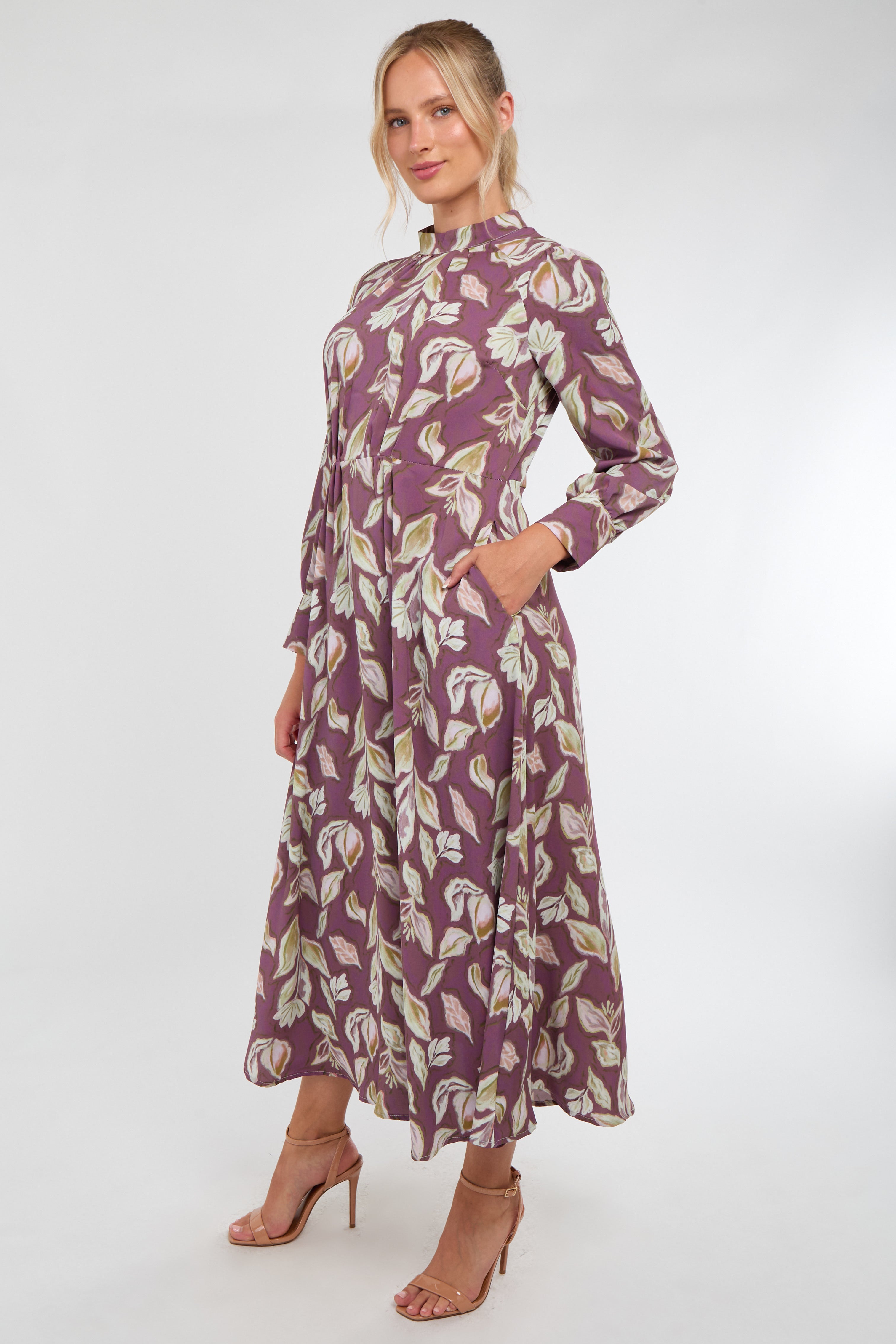 6Pcs Dusky Purple Leaf Print Pleated Skirt Maxi Dress