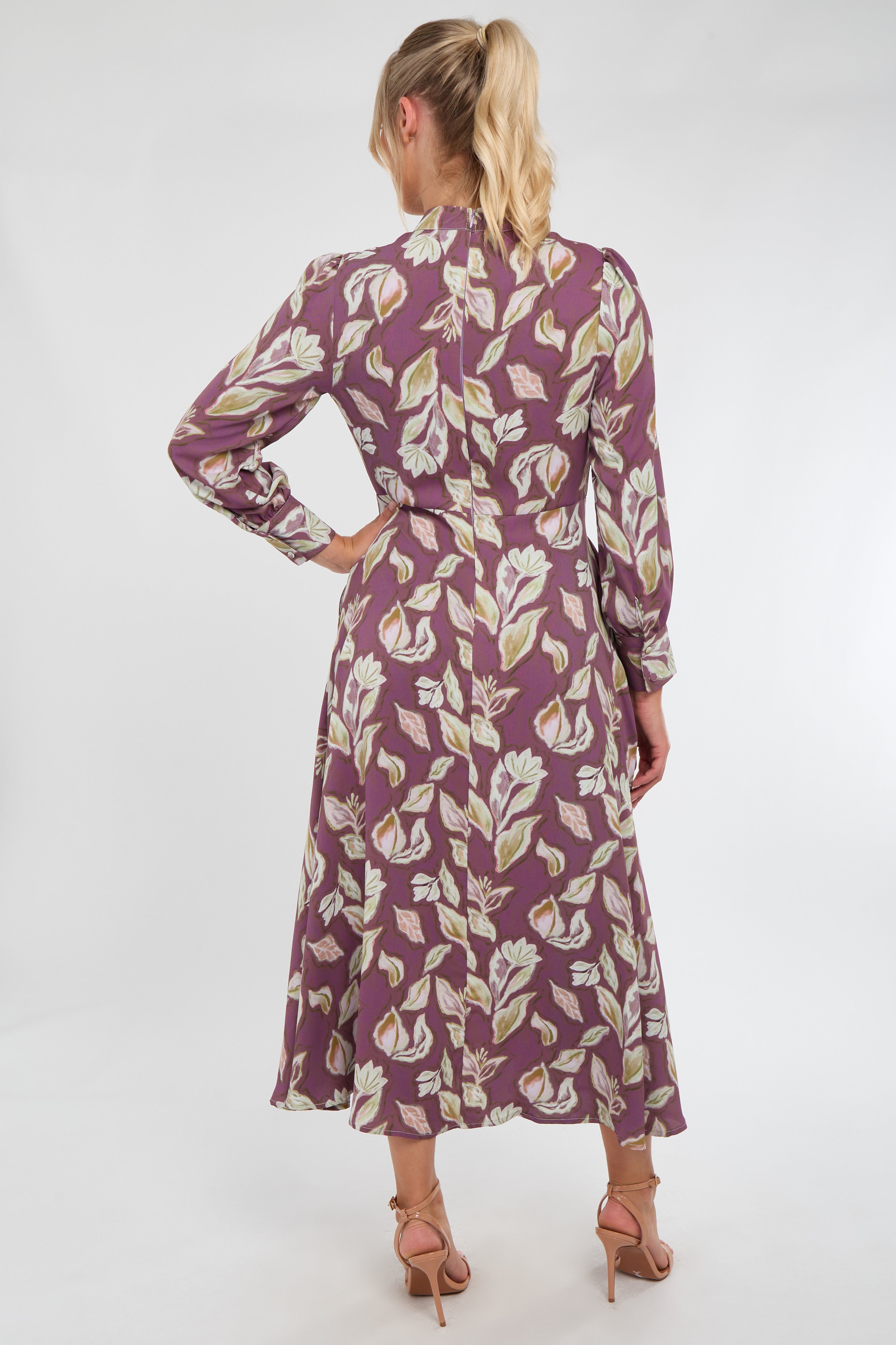 6Pcs Dusky Purple Leaf Print Pleated Skirt Maxi Dress