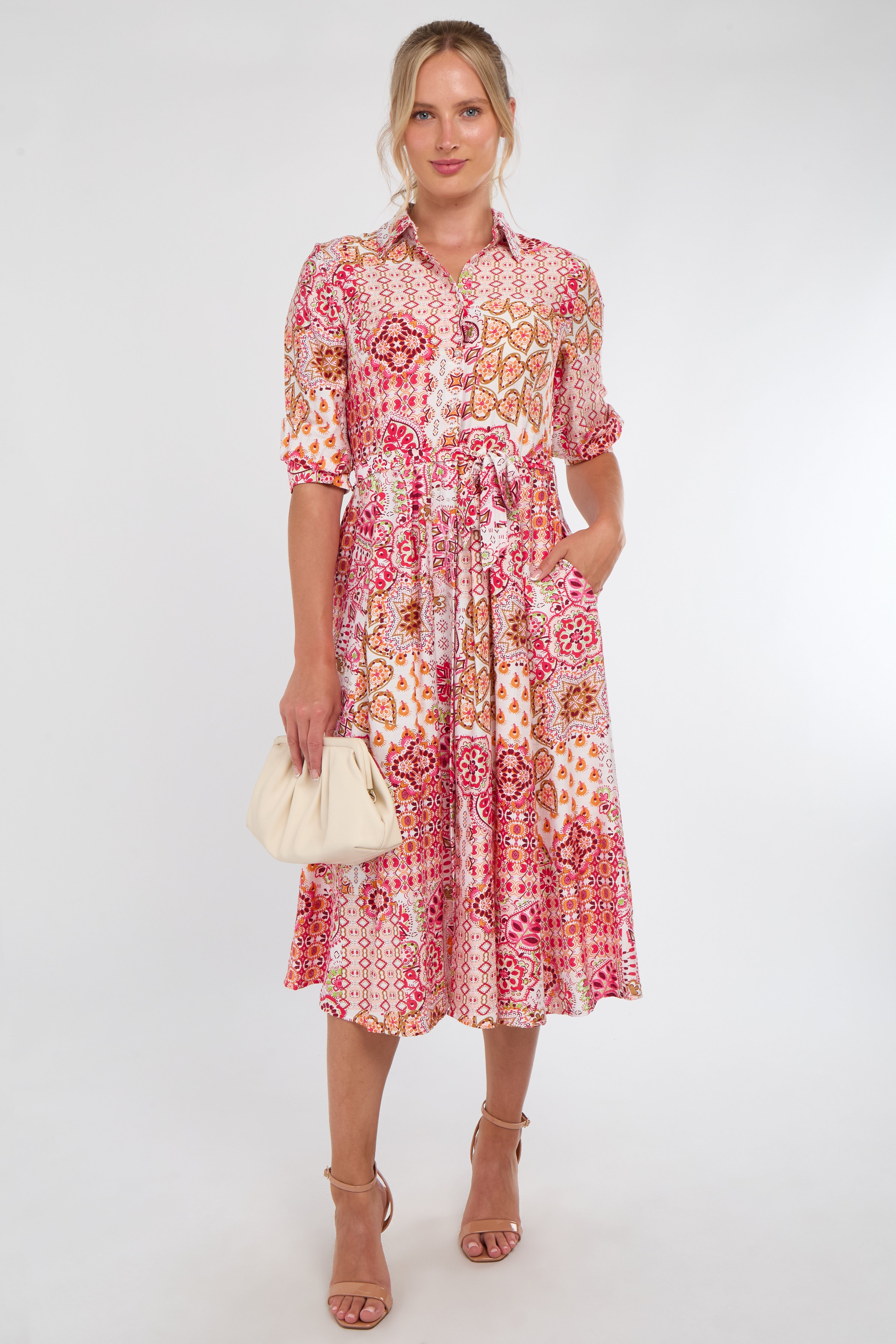 8Pcs Pink Tile Print Half Sleeve Midi Shirt Dress