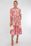 8Pcs Pink Tile Print Half Sleeve Midi Shirt Dress