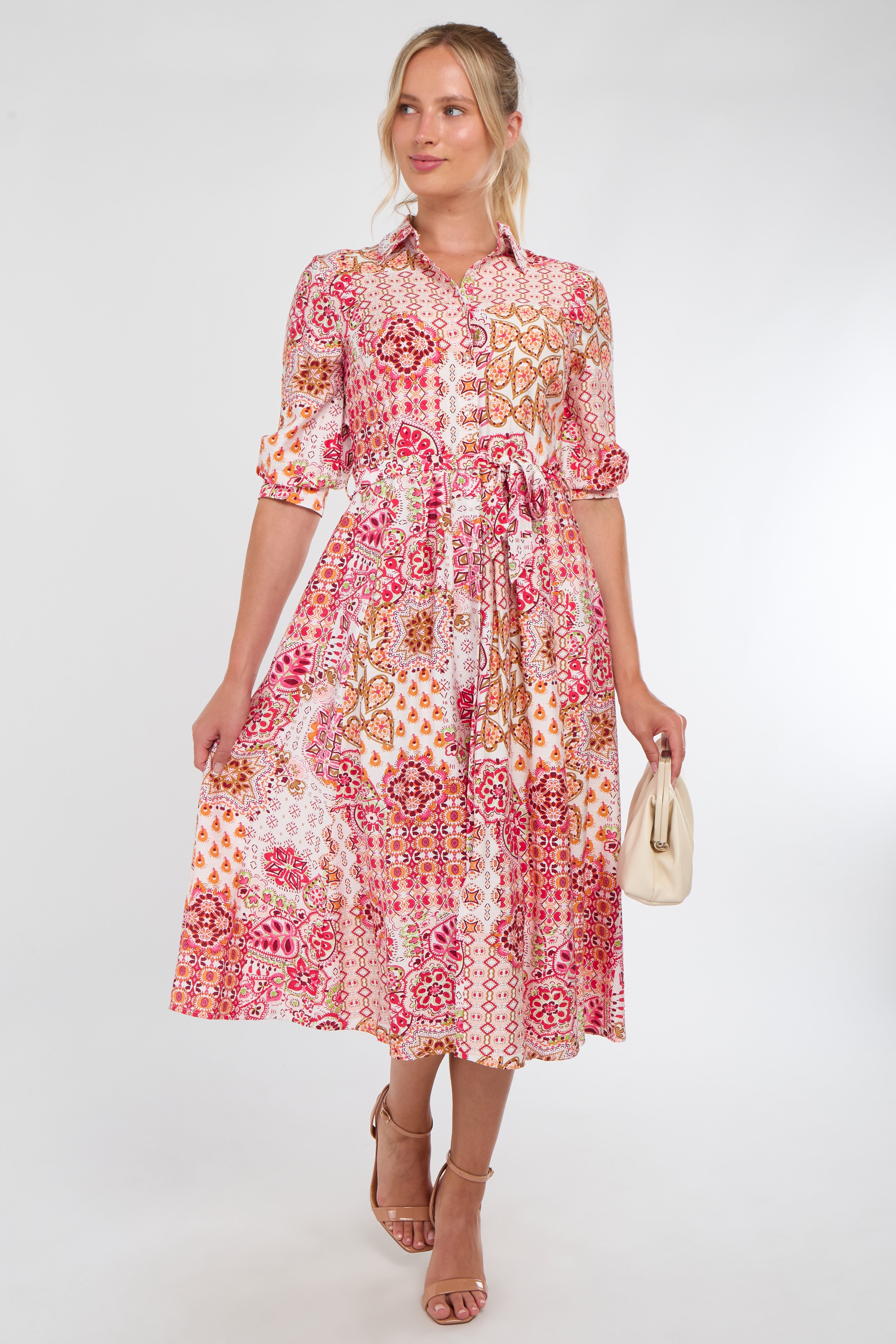 8Pcs Pink Tile Print Half Sleeve Midi Shirt Dress