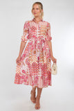 8Pcs Pink Tile Print Half Sleeve Midi Shirt Dress
