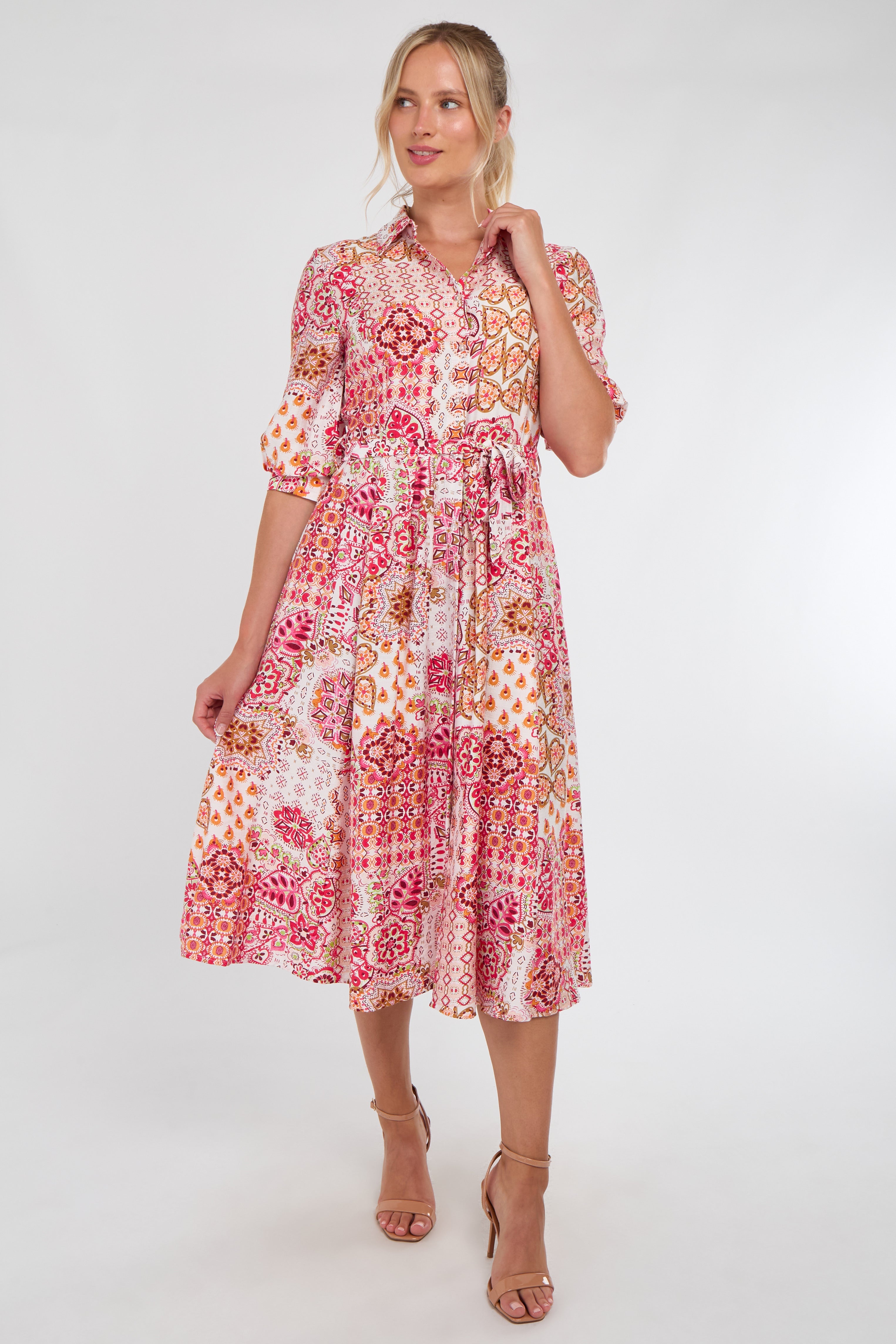 8Pcs Pink Tile Print Half Sleeve Midi Shirt Dress