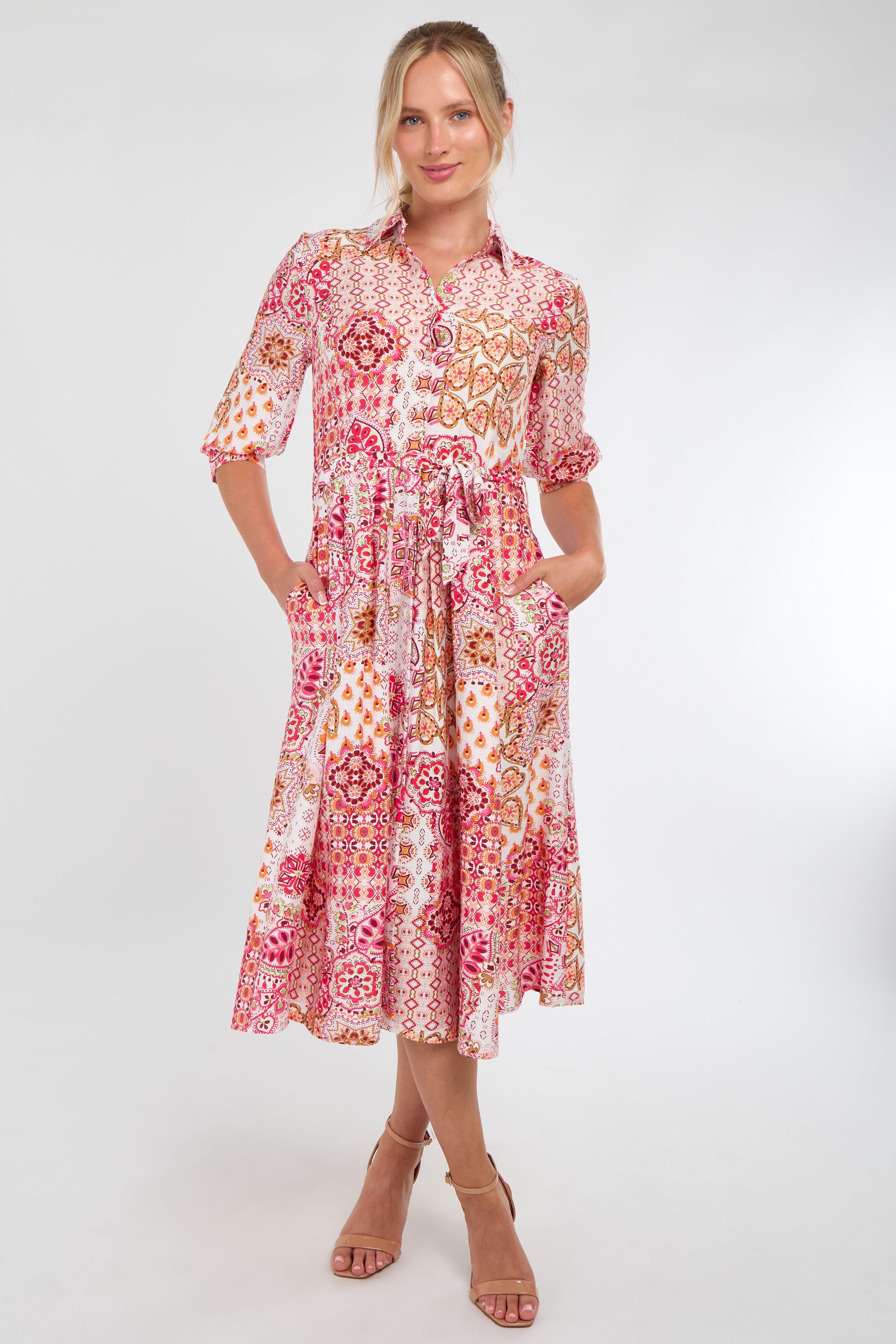 8Pcs Pink Tile Print Half Sleeve Midi Shirt Dress