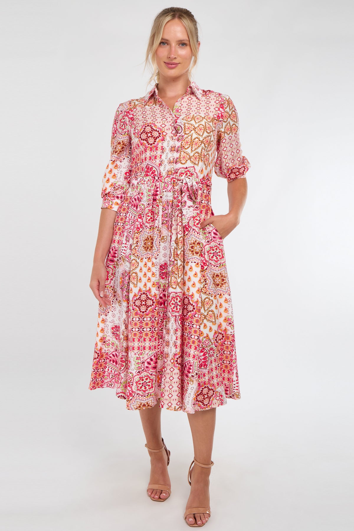 8Pcs Pink Tile Print Half Sleeve Midi Shirt Dress