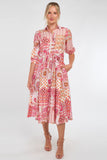 8Pcs Pink Tile Print Half Sleeve Midi Shirt Dress