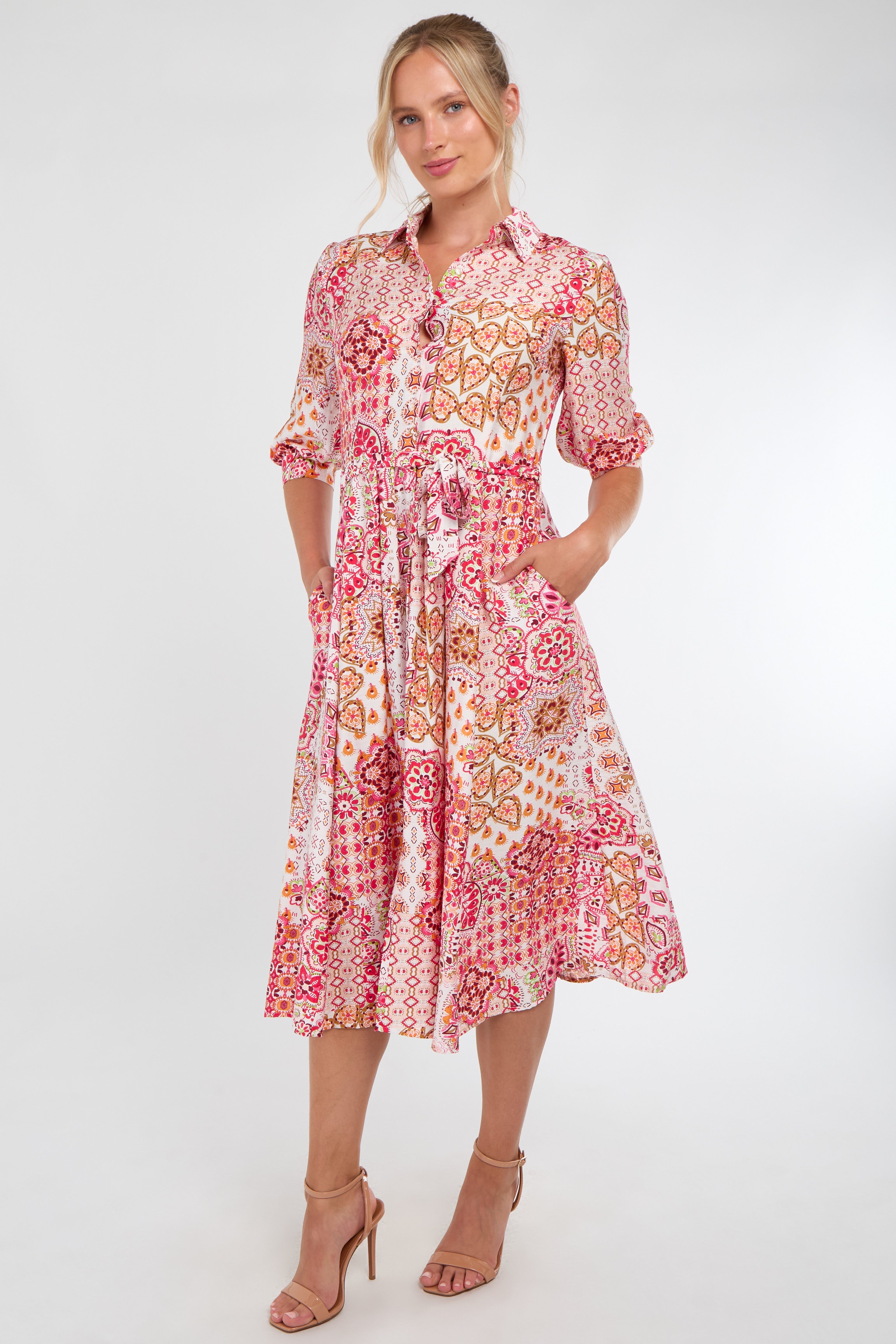 8Pcs Pink Tile Print Half Sleeve Midi Shirt Dress