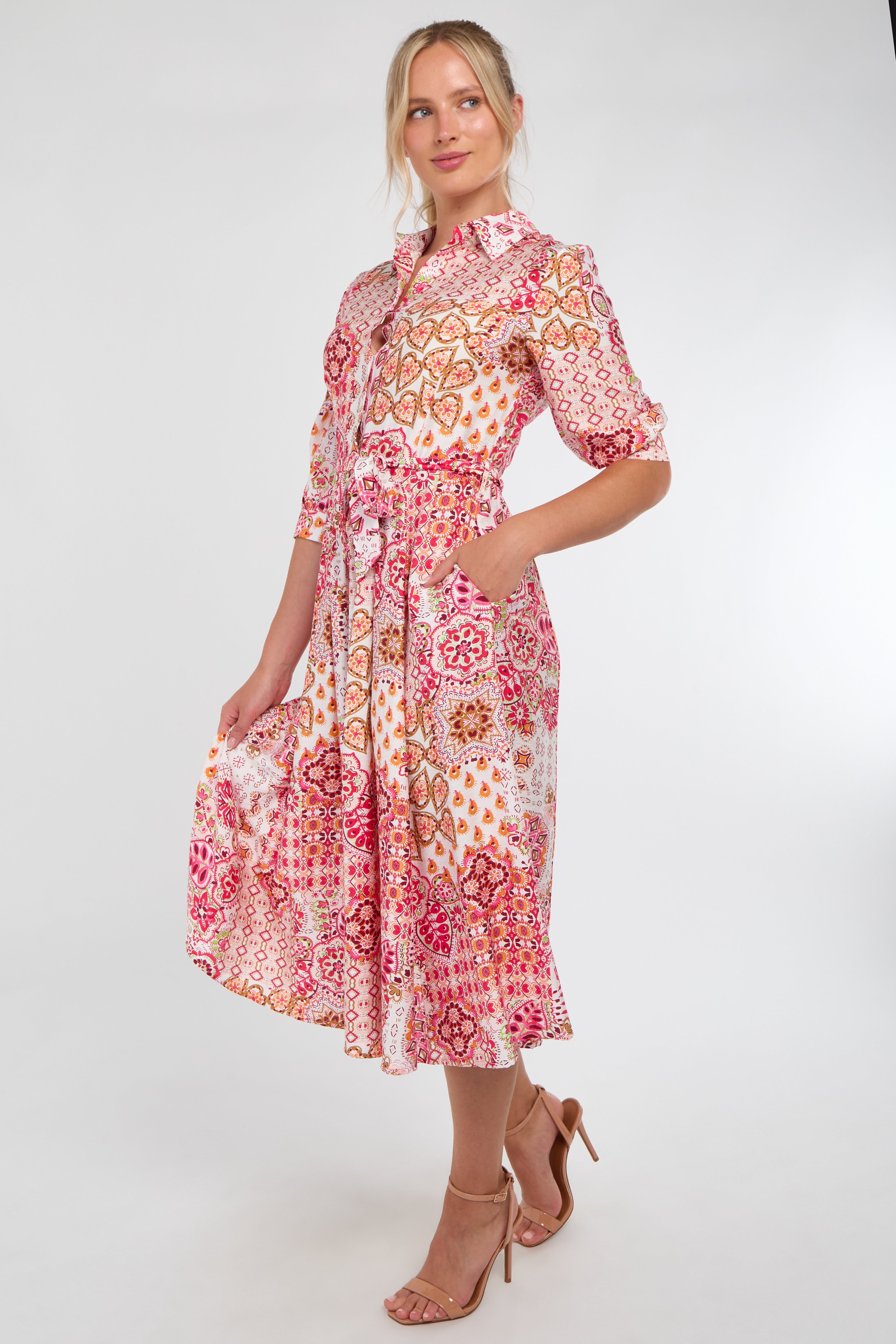 8Pcs Pink Tile Print Half Sleeve Midi Shirt Dress