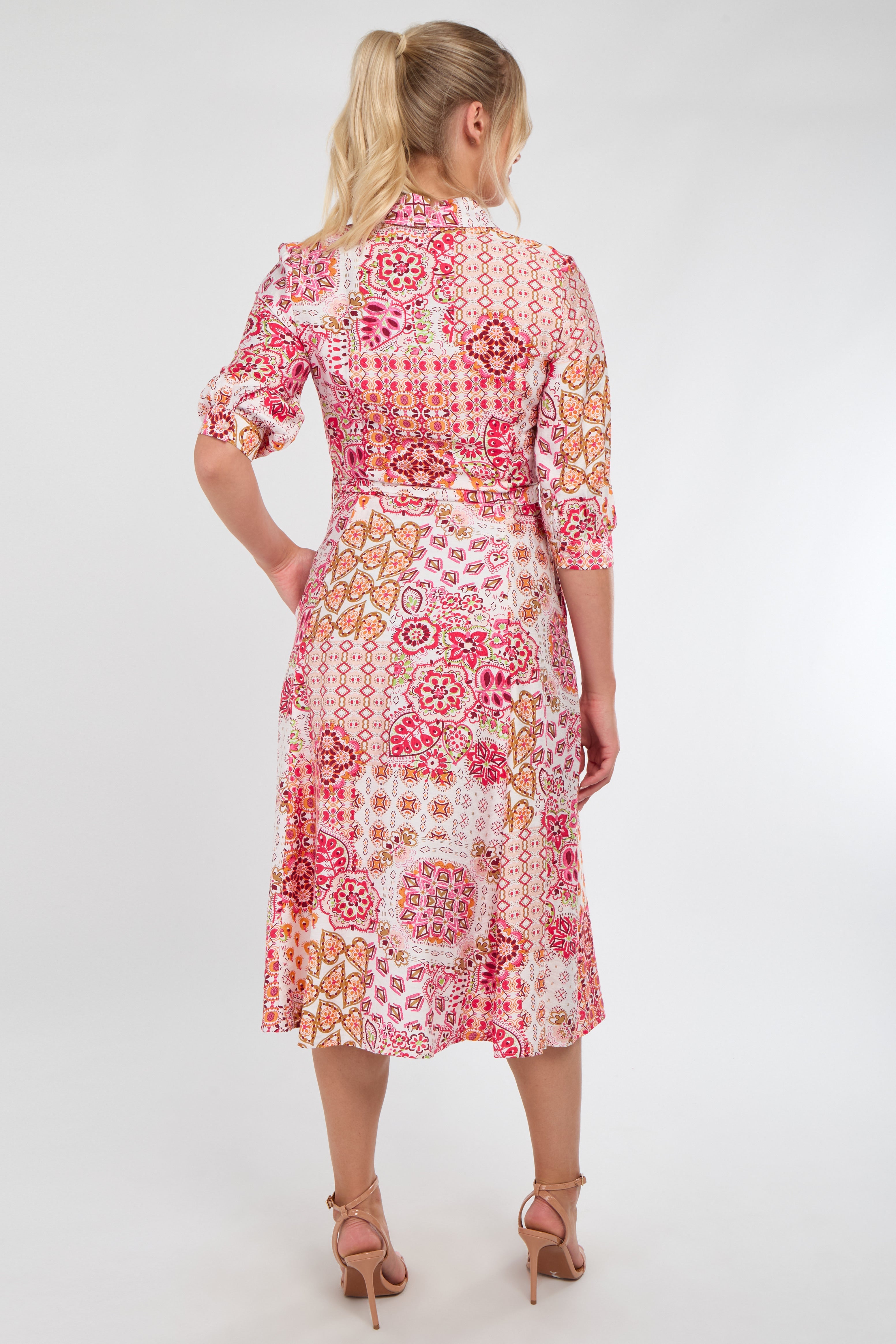 8Pcs Pink Tile Print Half Sleeve Midi Shirt Dress