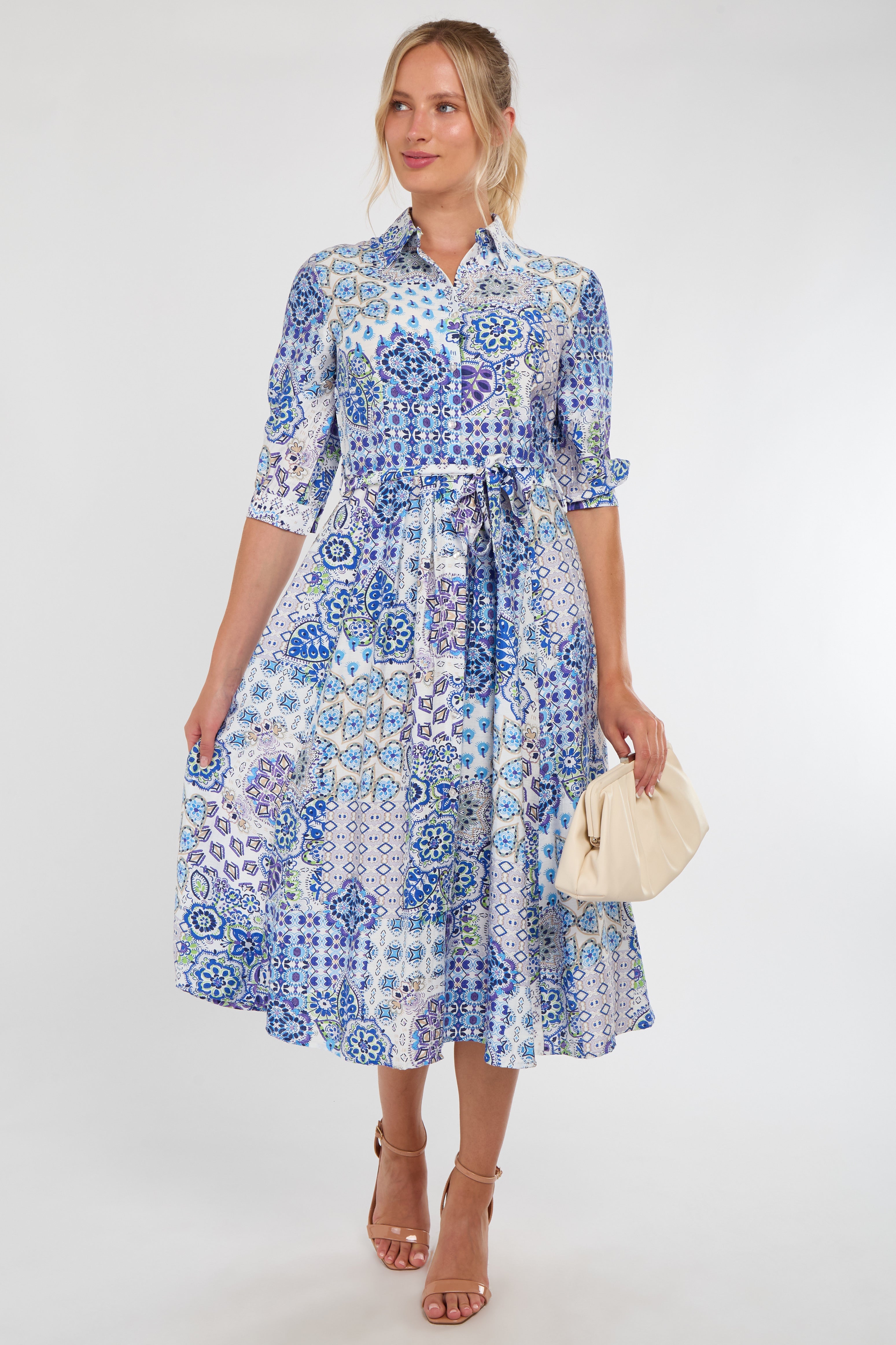 8Pcs Blue Tile Print Half Sleeve Midi Shirt Dress