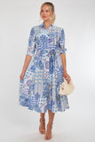 8Pcs Blue Tile Print Half Sleeve Midi Shirt Dress