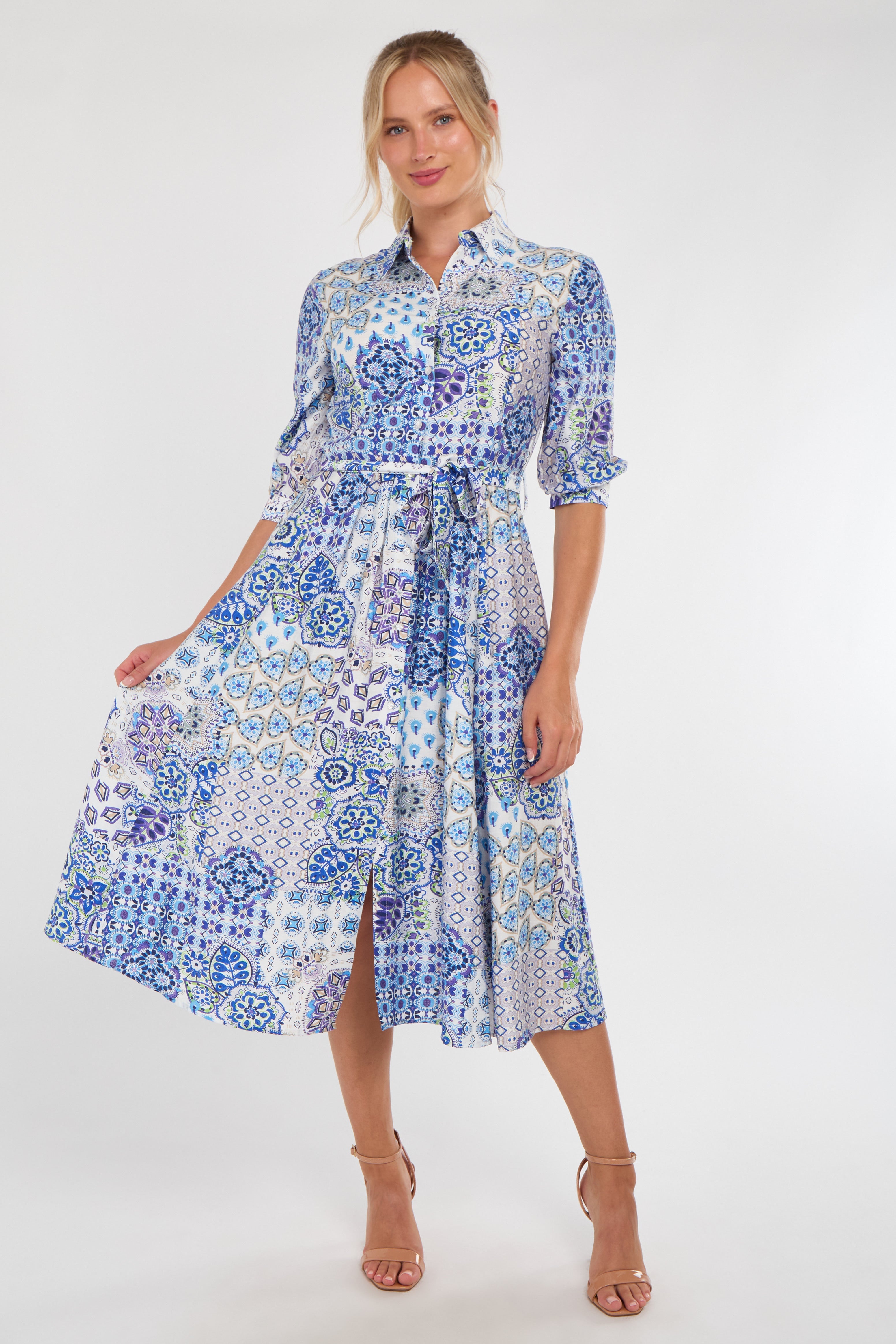 8Pcs Blue Tile Print Half Sleeve Midi Shirt Dress