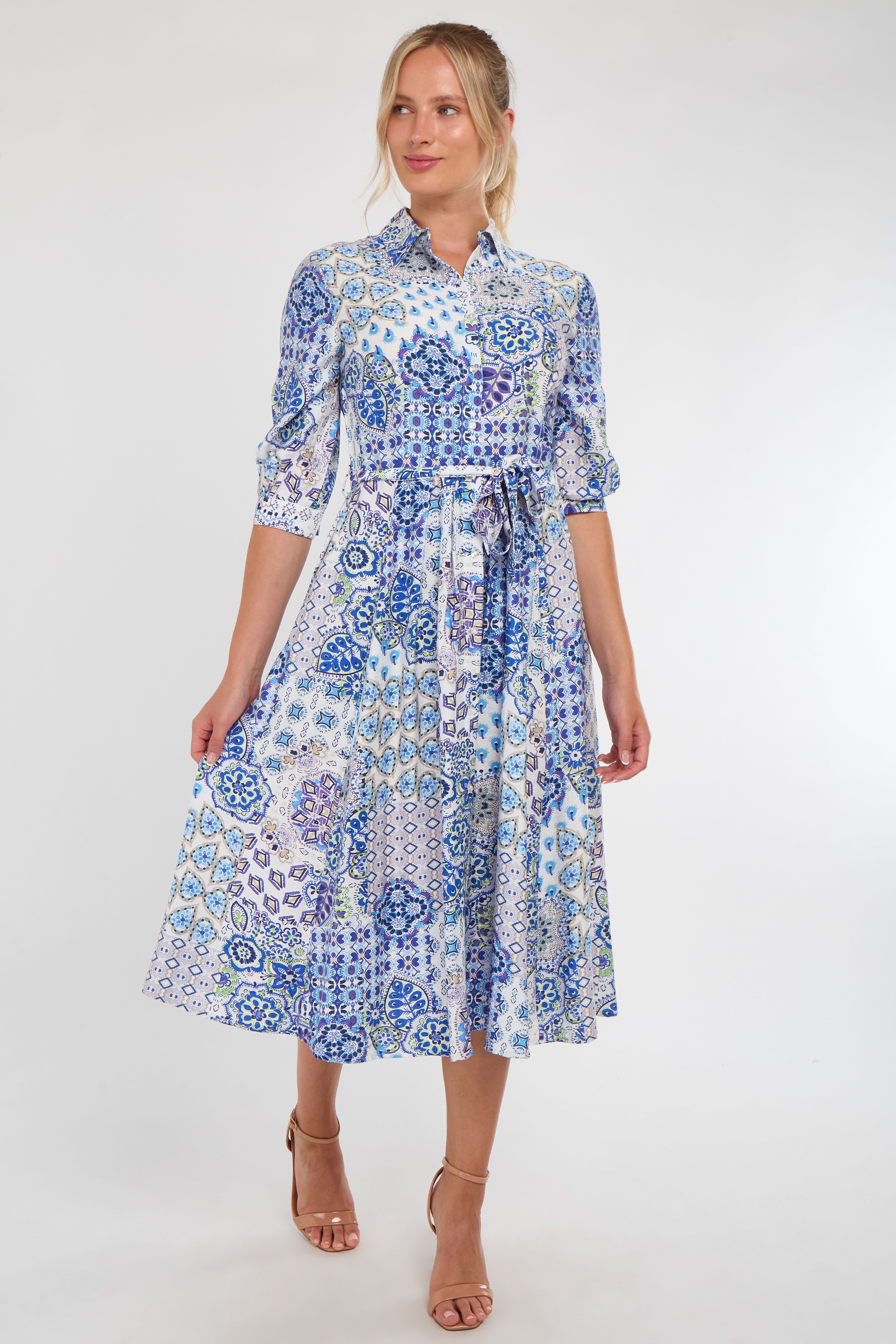8Pcs Blue Tile Print Half Sleeve Midi Shirt Dress