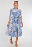 8Pcs Blue Tile Print Half Sleeve Midi Shirt Dress
