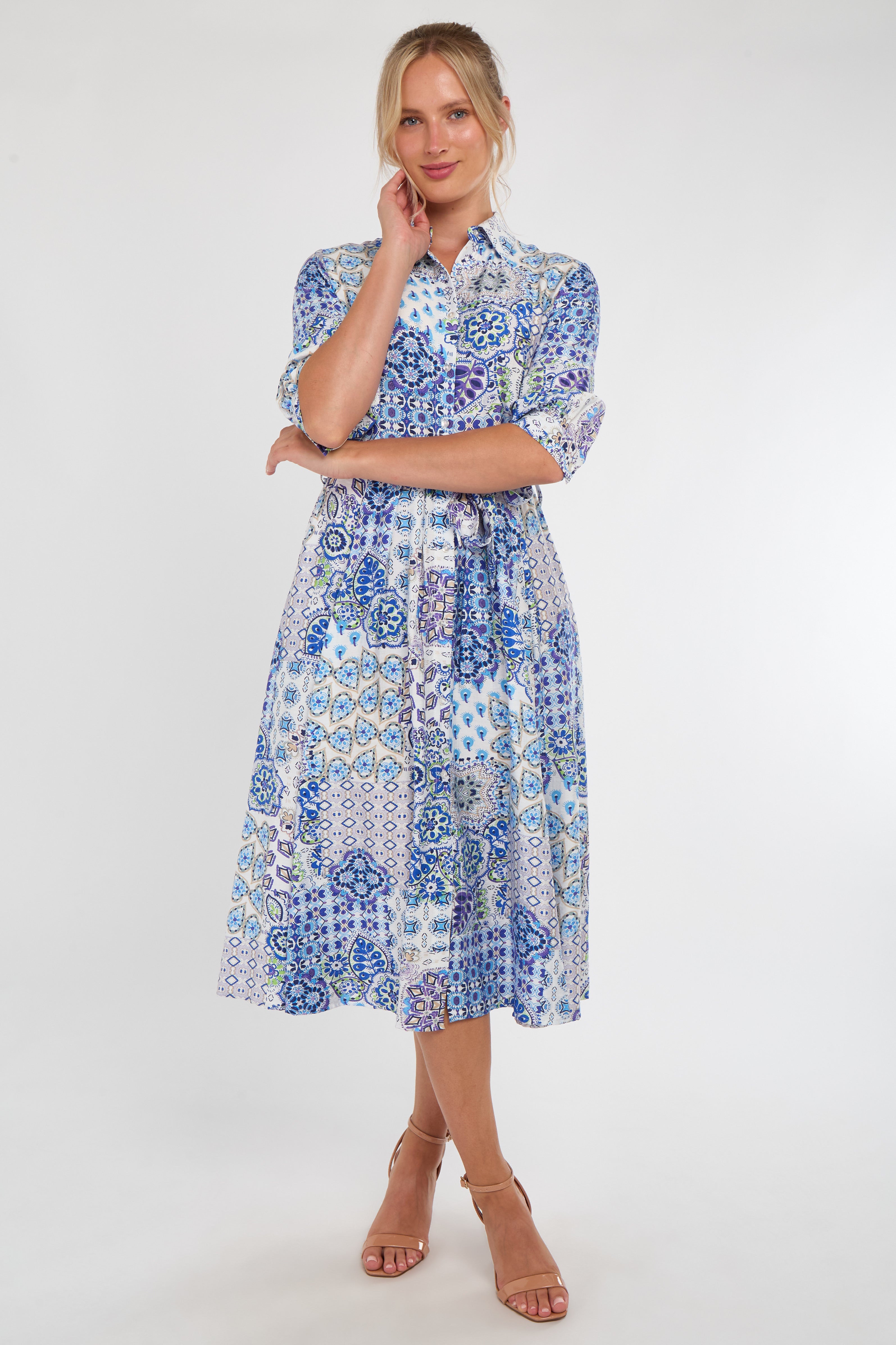8Pcs Blue Tile Print Half Sleeve Midi Shirt Dress