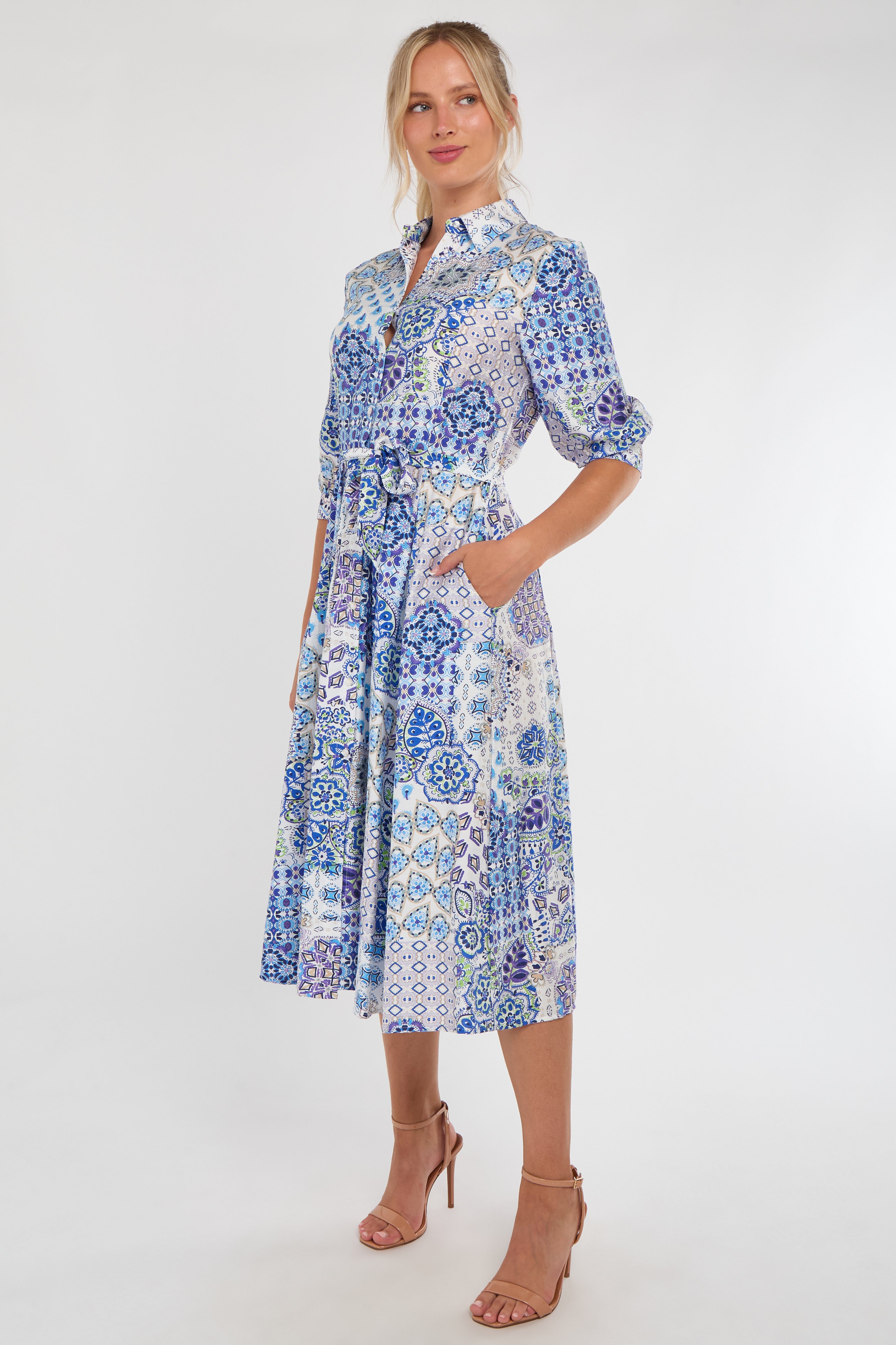 8Pcs Blue Tile Print Half Sleeve Midi Shirt Dress