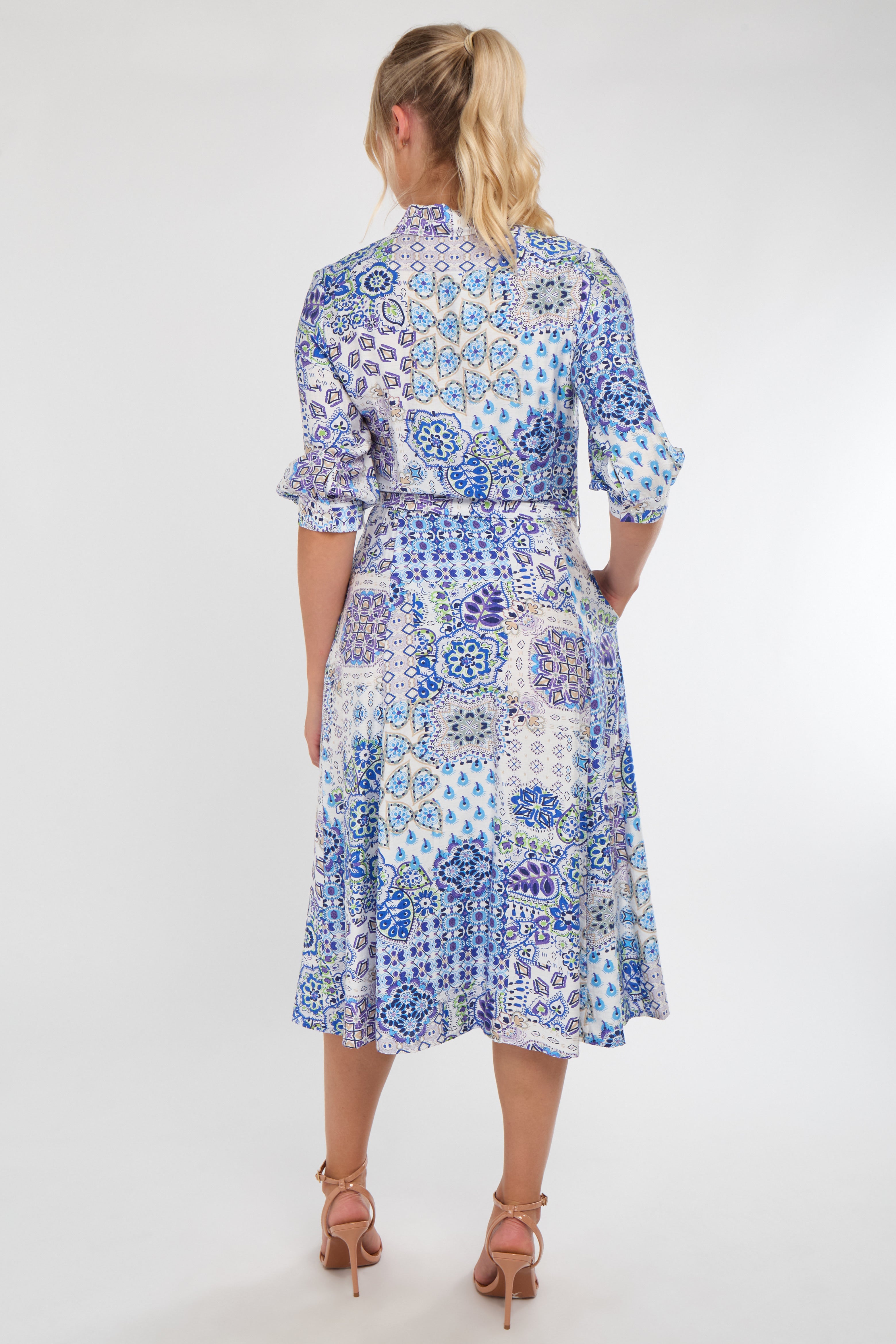8Pcs Blue Tile Print Half Sleeve Midi Shirt Dress