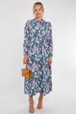 6Pcs Teal and Lilac Leaf Print Pleated Skirt Maxi Dress