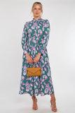 6Pcs Teal and Lilac Leaf Print Pleated Skirt Maxi Dress