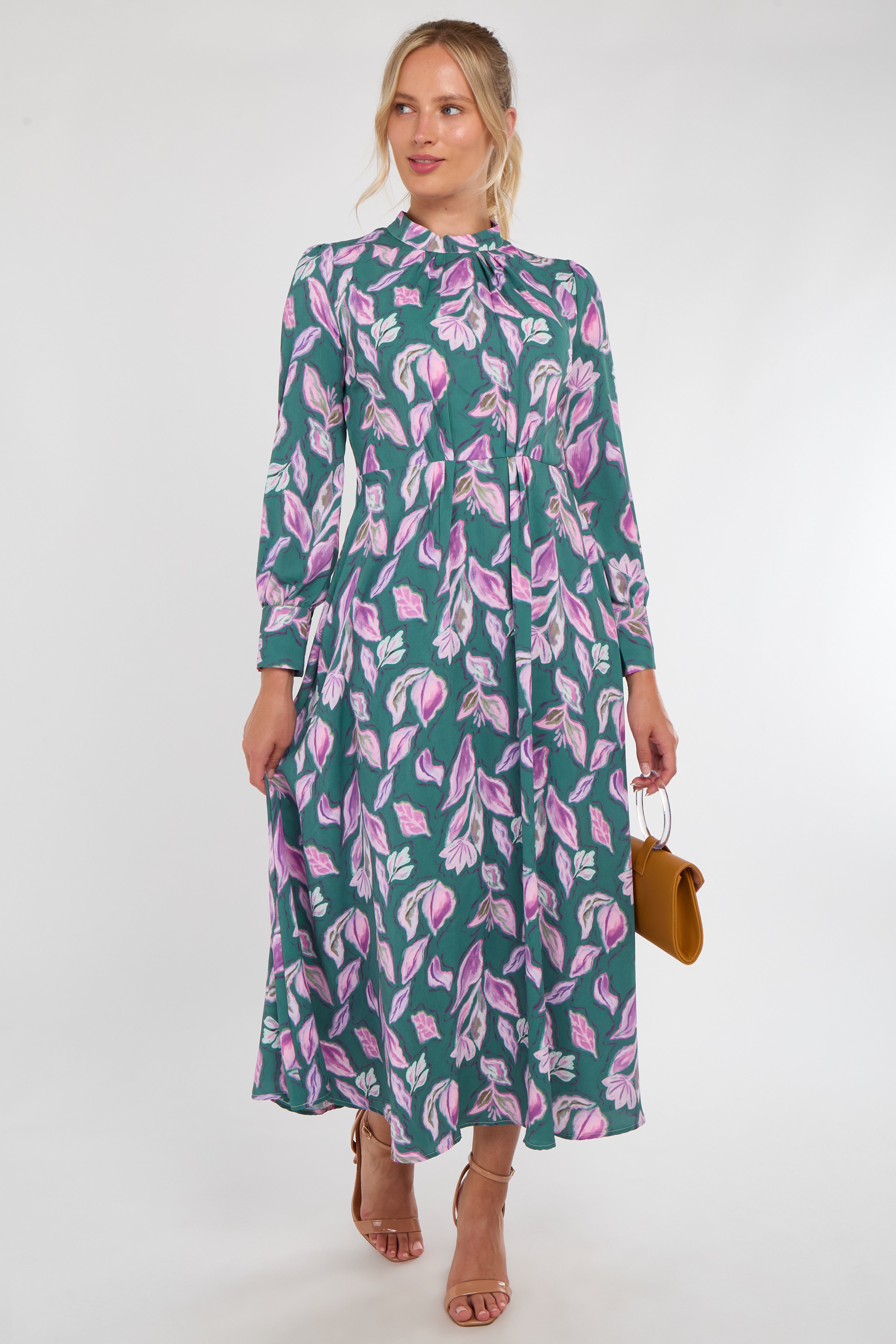 6Pcs Teal and Lilac Leaf Print Pleated Skirt Maxi Dress