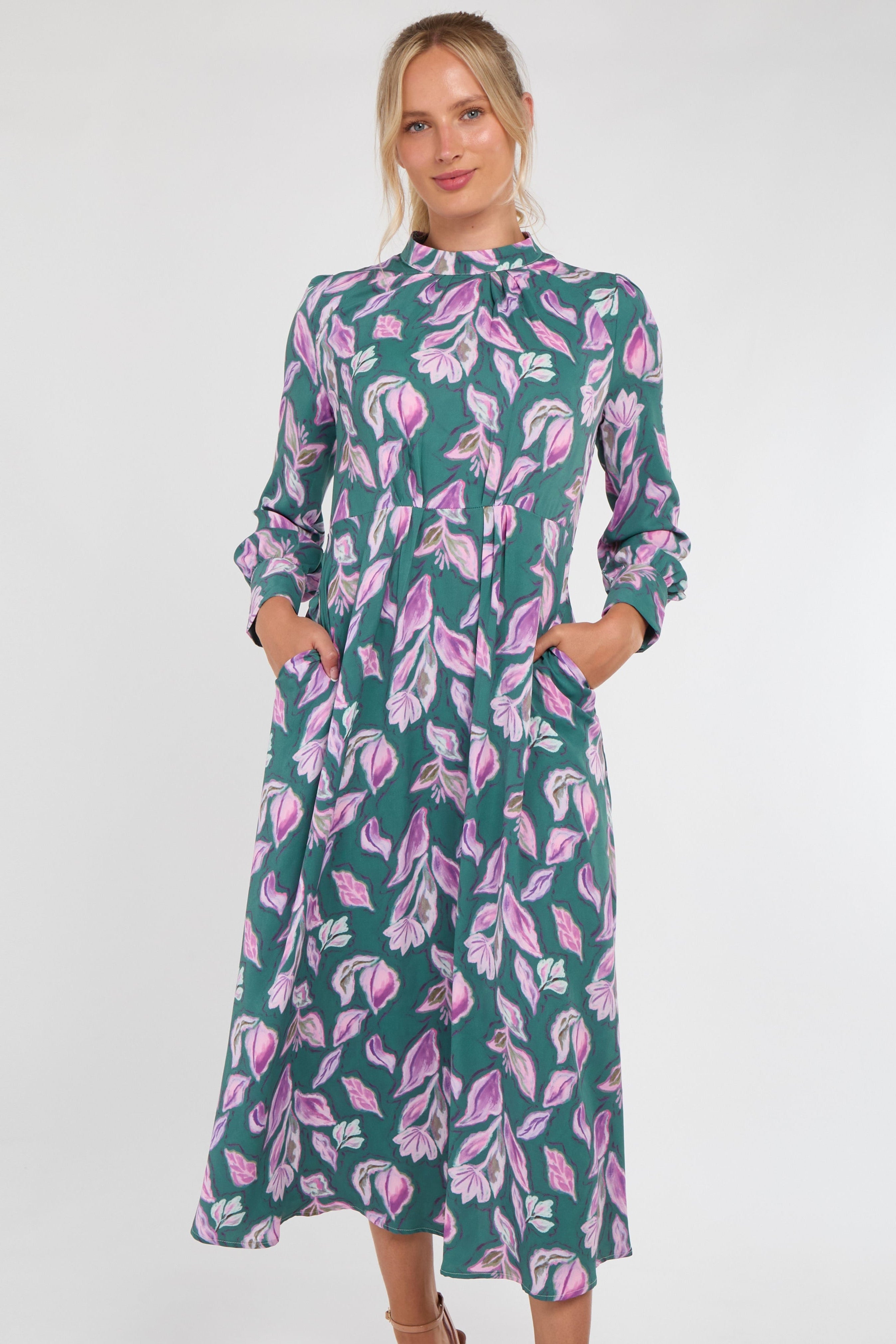 6Pcs Teal and Lilac Leaf Print Pleated Skirt Maxi Dress